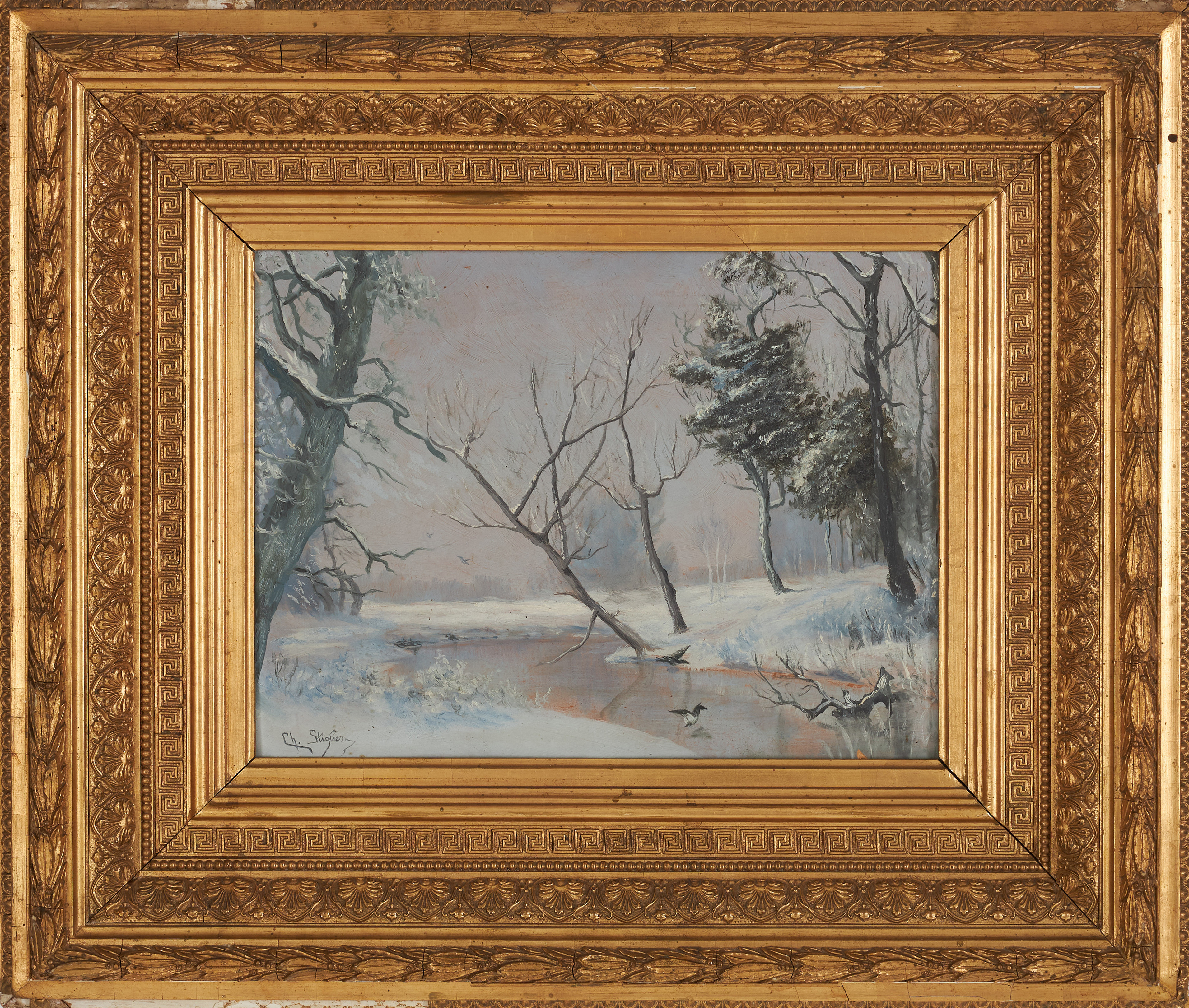 OIDENTIFIERAD KONSTNÄR. Vinterlanskap, olja på pannå, signerad.
