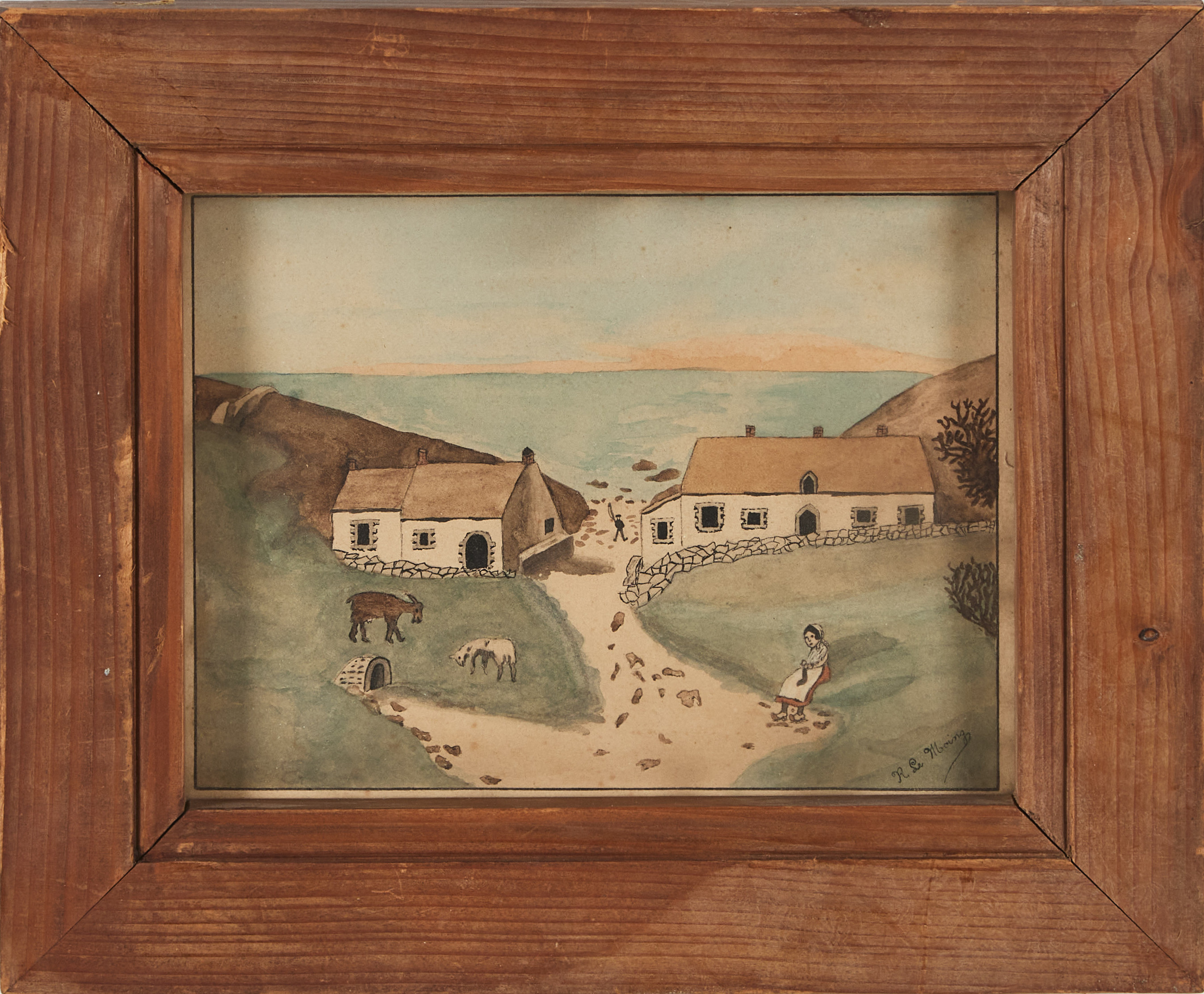 OIDENTIFIERAD KONSTNÄR. solnedgång vid havet, blandteknik på papper, signerad R Le Moing, omkring 1900.