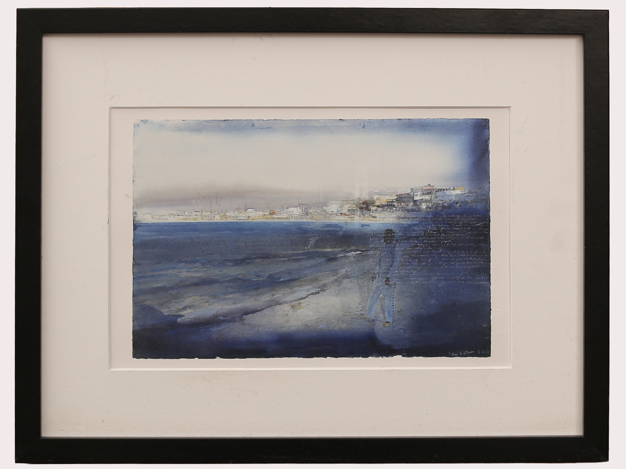 LARS LERIN. offset tryck, efter, kustbild vid vatten, textparti och antydd arkitektur. signatur i trycket, daterad 2009.