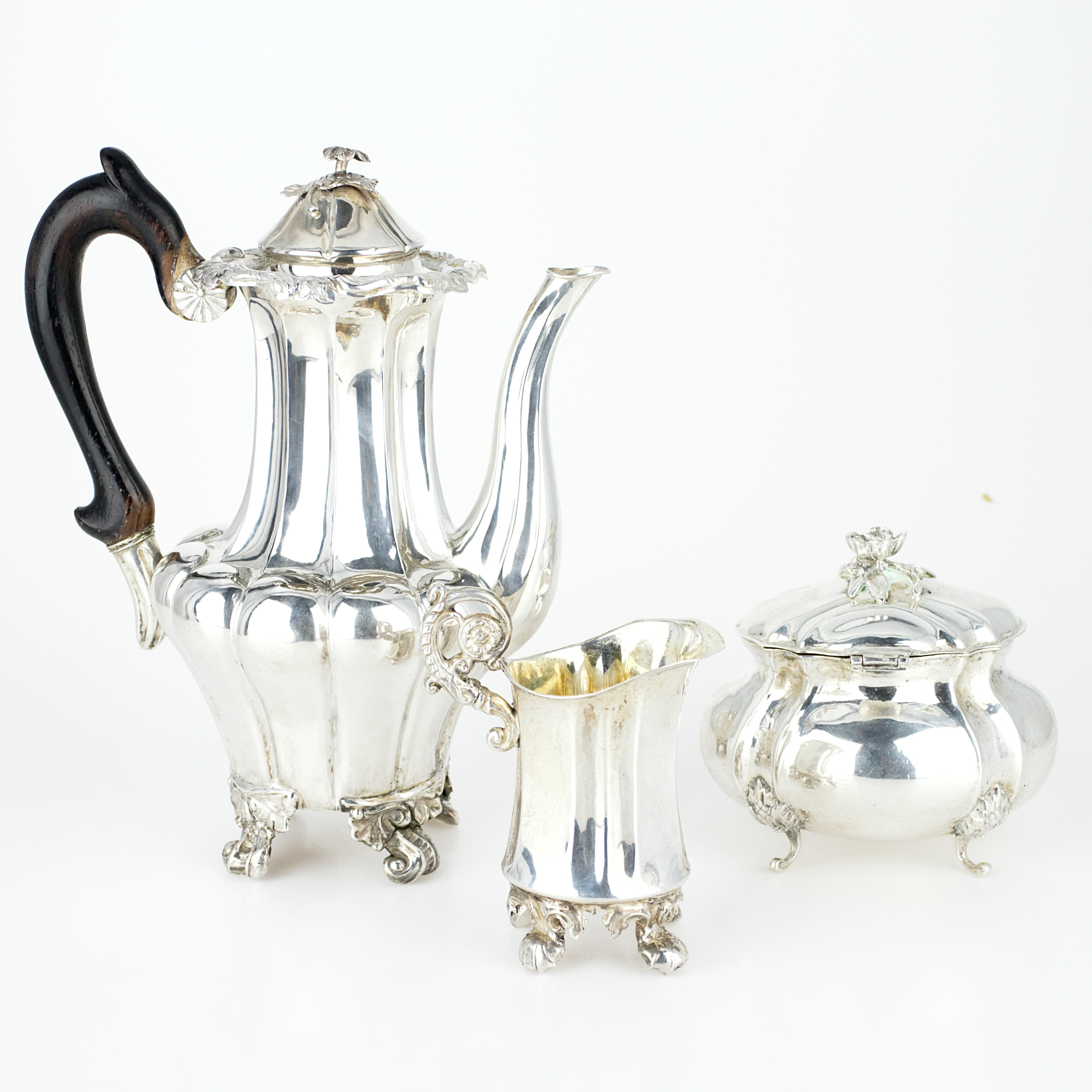JOHAN ALFRED ROSENQVIST. Kaffekanna, sockerskål och gräddkanna, 3 delar, olika mönster och modeller, silver, 1855.