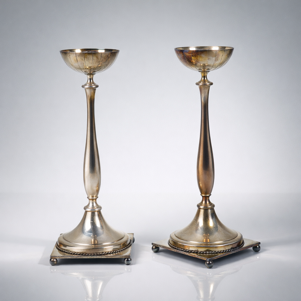 GUNNAR ANDER. Ystad Metall, ljusstakar, nysilver, 1900-talets mitt, 1 par.