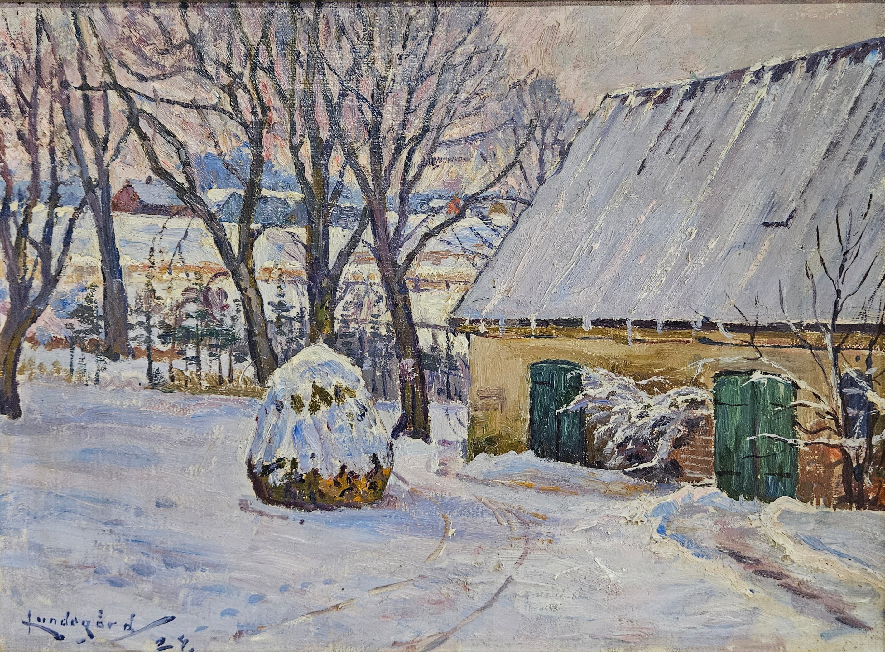 JUSTUS LUNDEGÅRD. "Snö på gården". Olja på duk, signerad Lundegård och daterad 24.