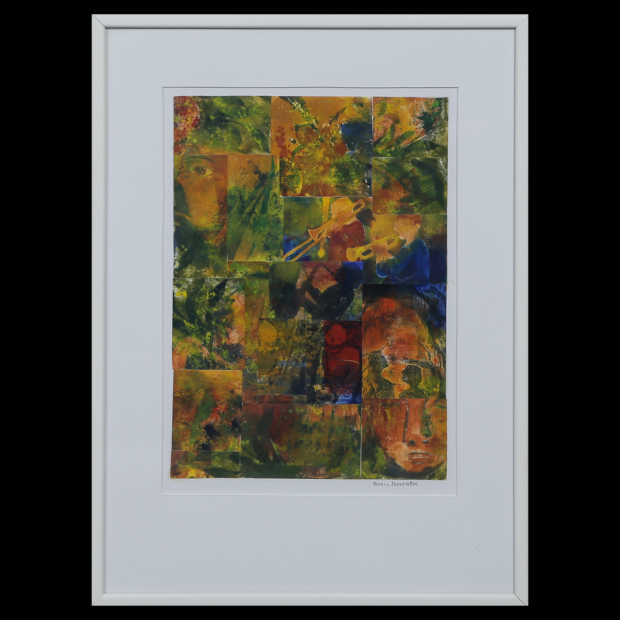 BODIL NYSTRÖM "MUSIK I TRÄDGÅRDEN" GRAFIK COLLAGE, KOMPOSITION, SIGNERAD INGLASAD.