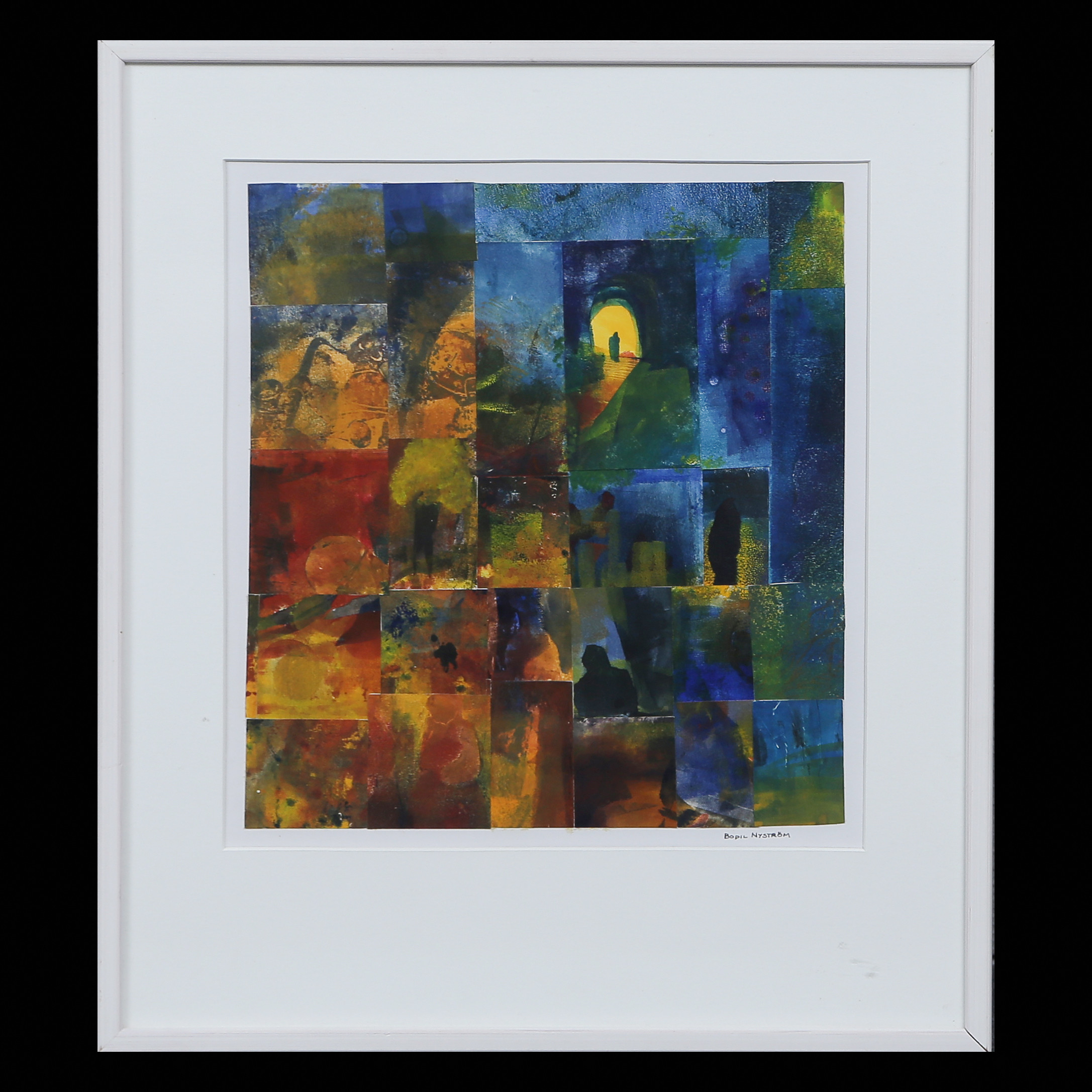 BODIL NYSTRÖM "OCH DAGAR BLEV NÄTTER" KOMPOSITION, GRAFIK COLLAGE, SIGNERAD INGLASAD.