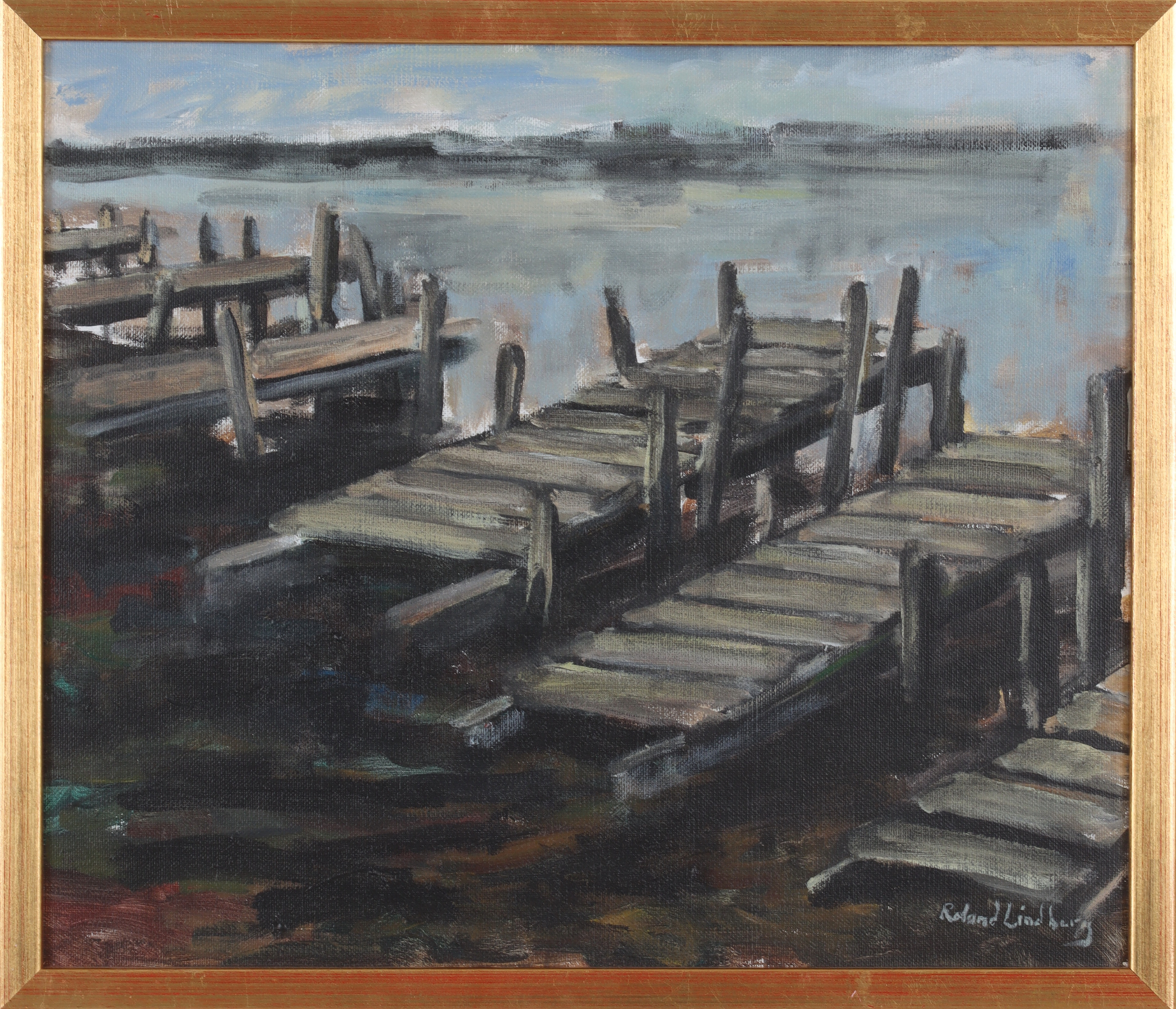 ROLAND LINDBERG. "Bryggor", olja på duk, signerad.