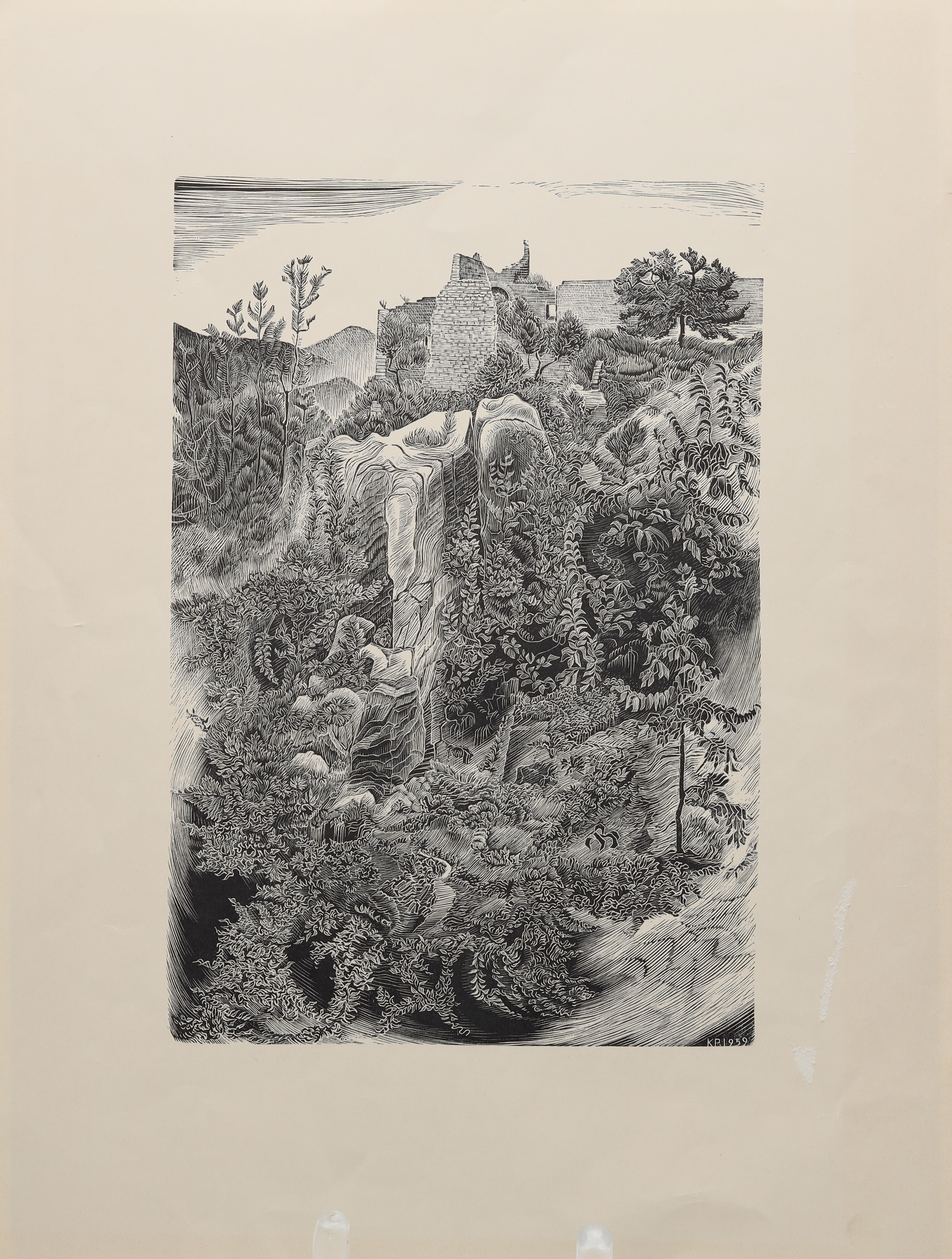 KARIN PERSSON. TRÄGRAVYR, "Borg och raviner San Giovenale", signerad samt daterad 1959 i trycket.