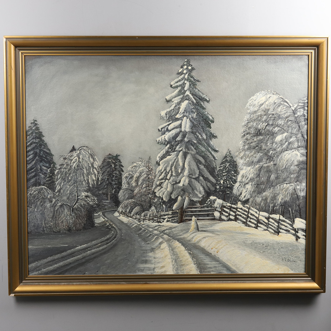 OIDENTIFIERAD KONSTNÄR. OLJA PÅ PANNÅ, "Vinterväg", signerad "K.R Olson".