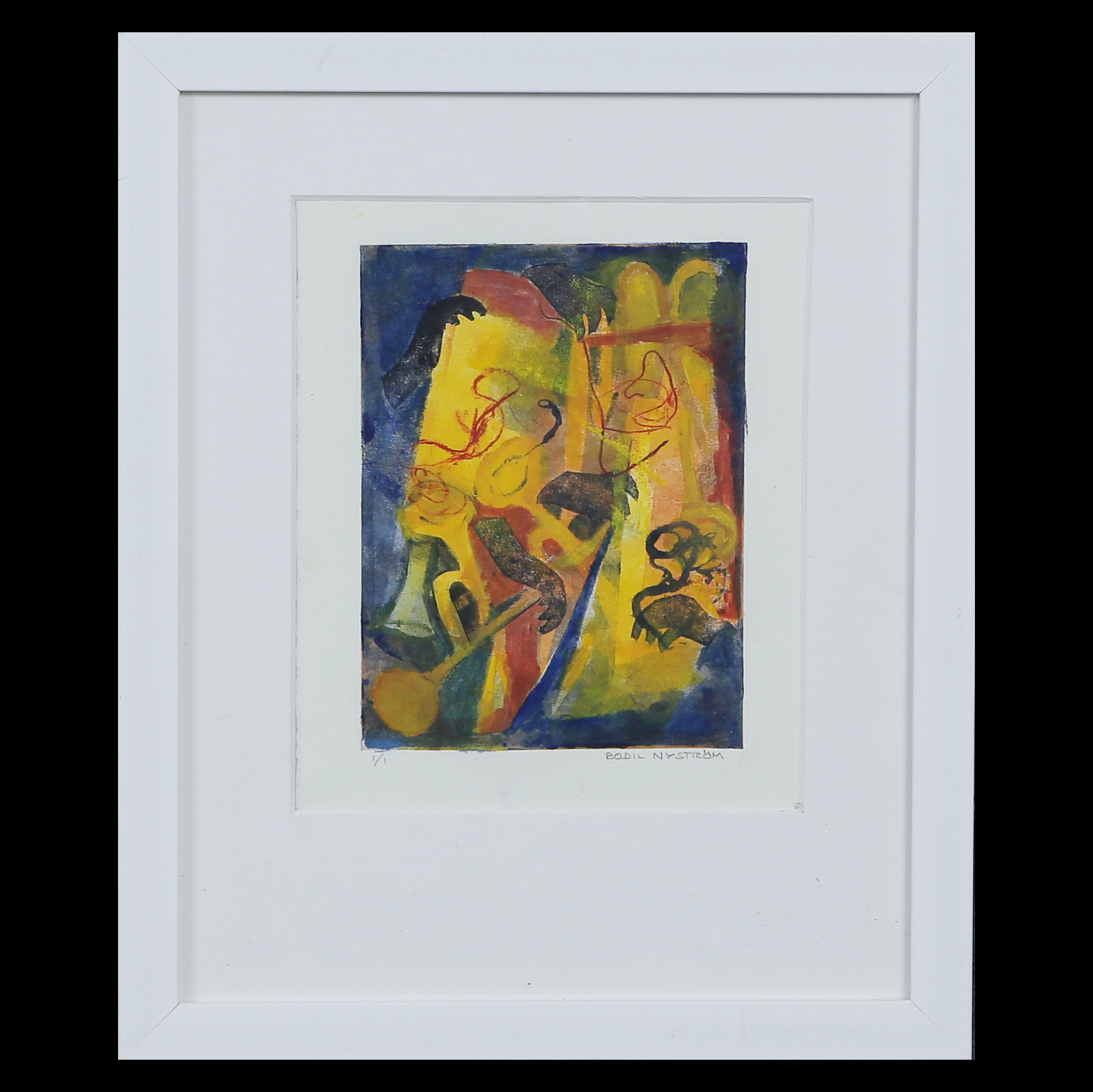 BODIL NYSTRÖM "DET HÄNDER I MUSIKEN" UNIK 1/1, GRAFIK COLLAGE, SIGNERAD, INGLASAD.