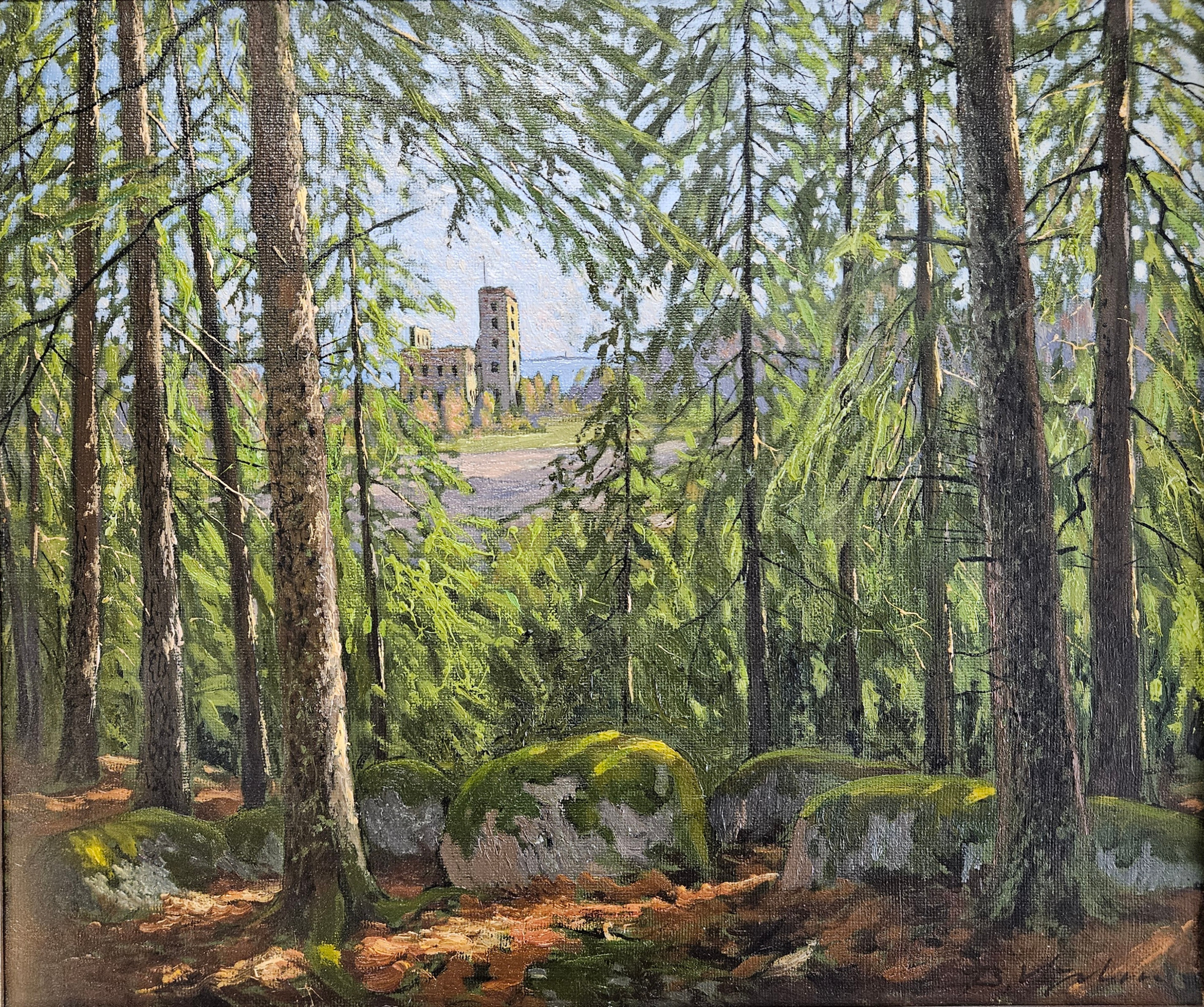 BIRGER HJELM. Stjärnorps slottsruin. Olja på pannå, signerad B. Hjelm.