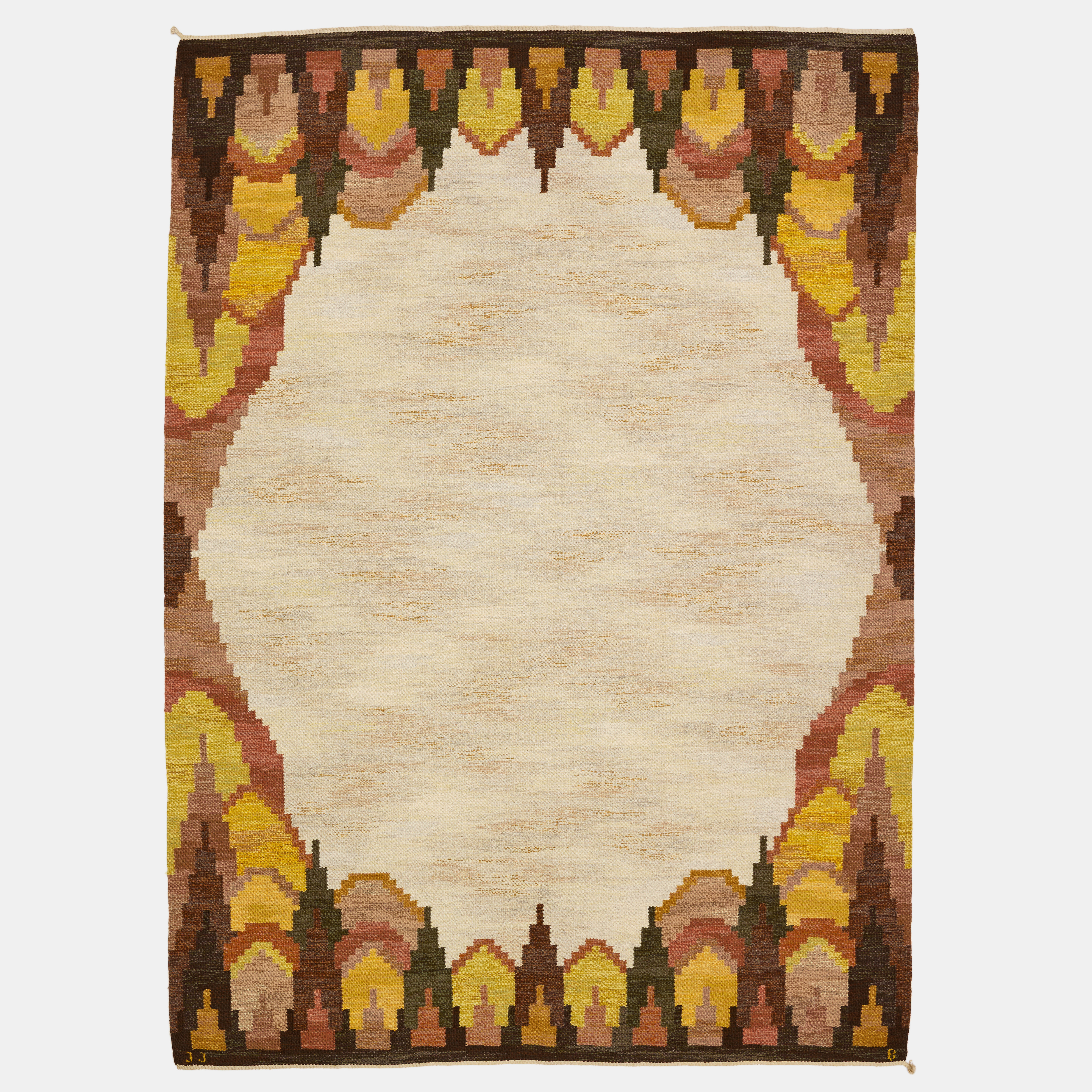 JUDITH  JOHANSSON. "Björkhult", rölakan, geometrisk dekor i bruna, gula och rödbruna toner mot beige botten, formgiven 1962, tillverkad före 1970-talets början, 315 x 226 cm.