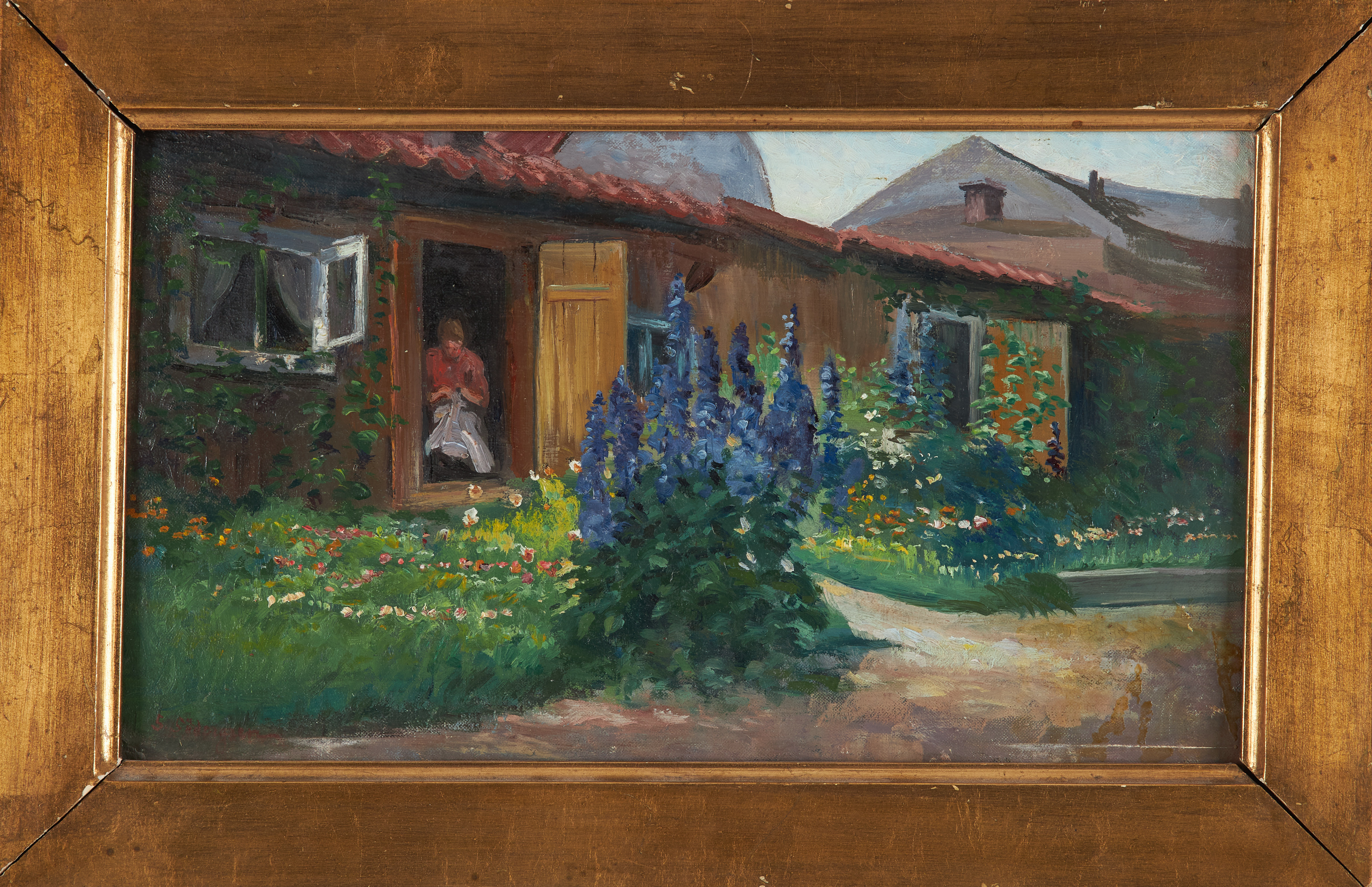 SOPHIE SÖDERGREN. Gårdsmotiv med syende kvinna, olja på duk uppfodrad på pannå, signerad.