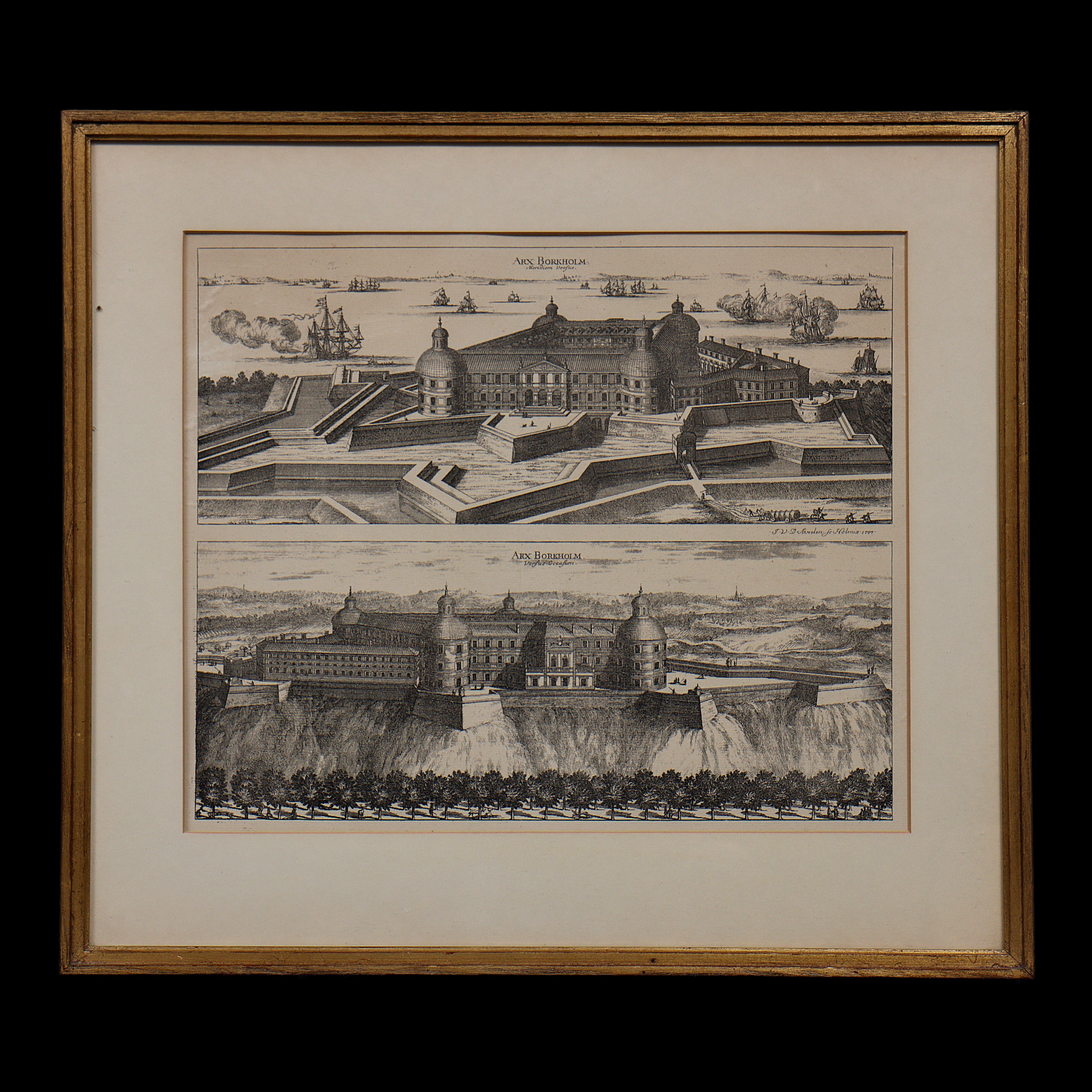 BORGHOLM SLOTT, EFTR GRAVYR 1707 ARX BORKHOLM, MERIDIEM VERSUS, JOHANNES VAN DEN AVEELEN (J.V.D. AVEELEN, INGLASAD.