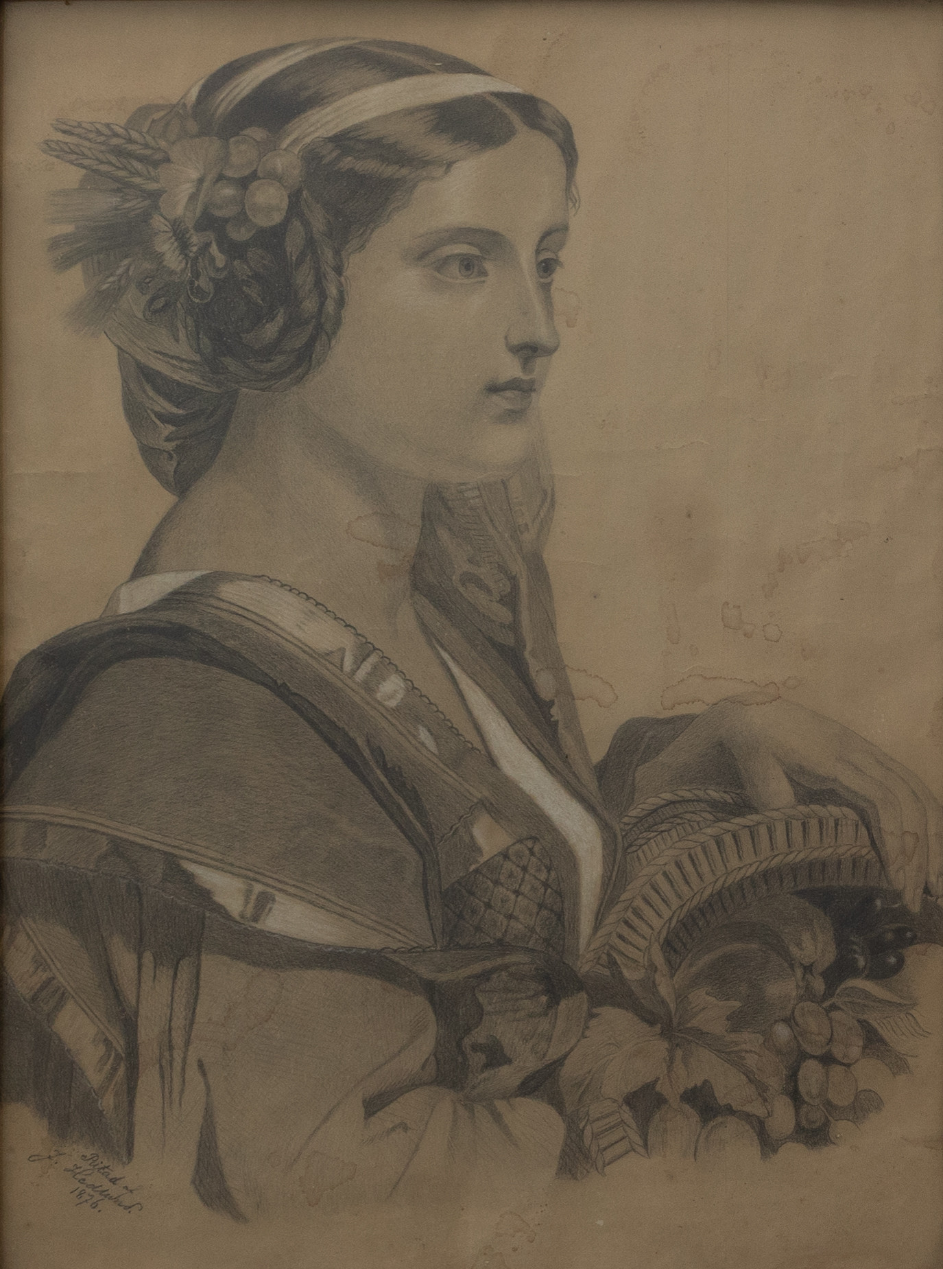 OIDENTIFIERAD KONSTNÄR. Porträtt av en romersk kvinna, blyerts/krita, signerad J Hedlund och daterad 1876.