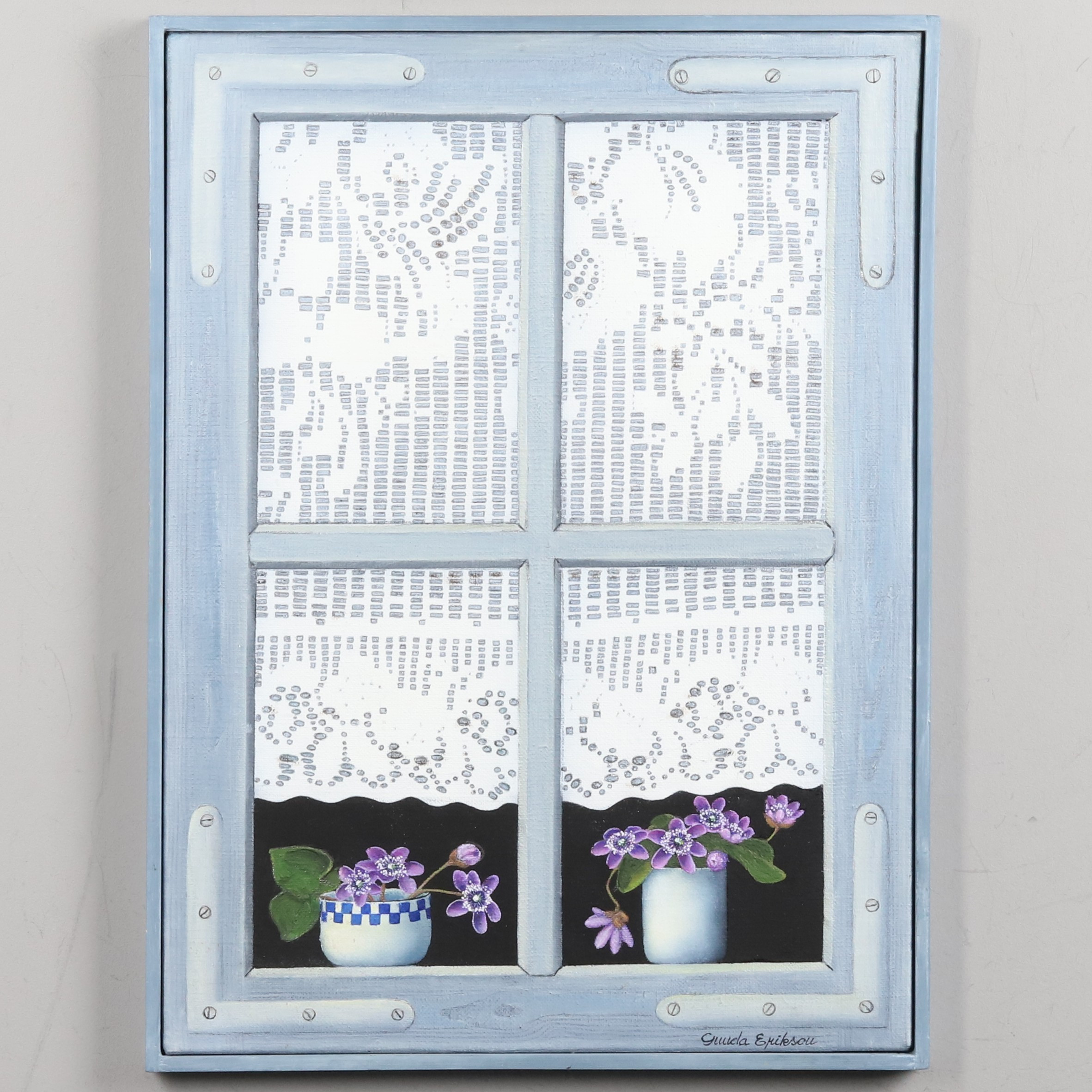 GUNDA ERIKSON. OLJA PÅ DUK, "Blåsipps-fönstret", signerad.