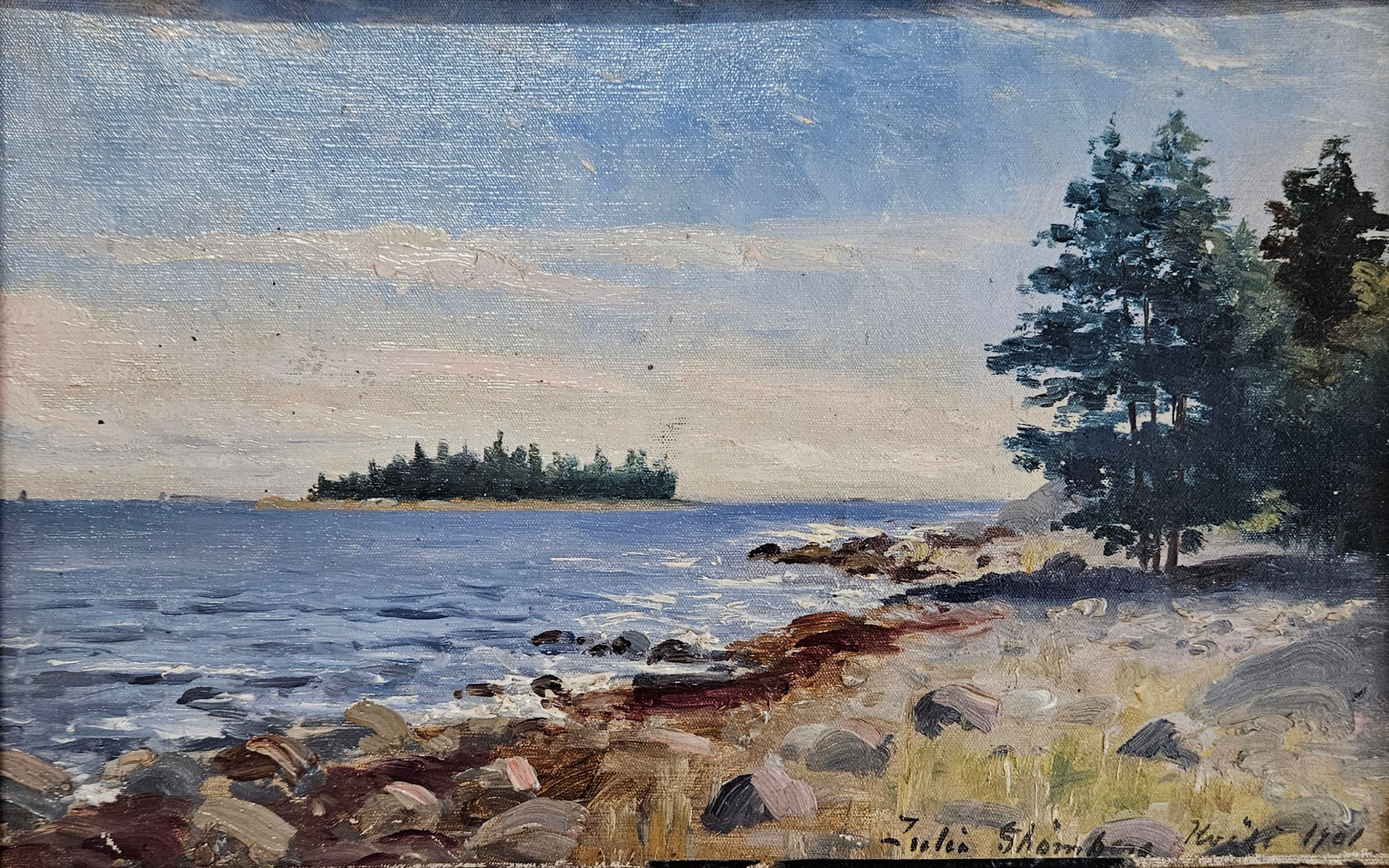 JULIA STRÖMBERG. Utsikt över sjö. Olja på duk, uppklistrad på pannå, signerad Julia Strömberg och daterad 1901.