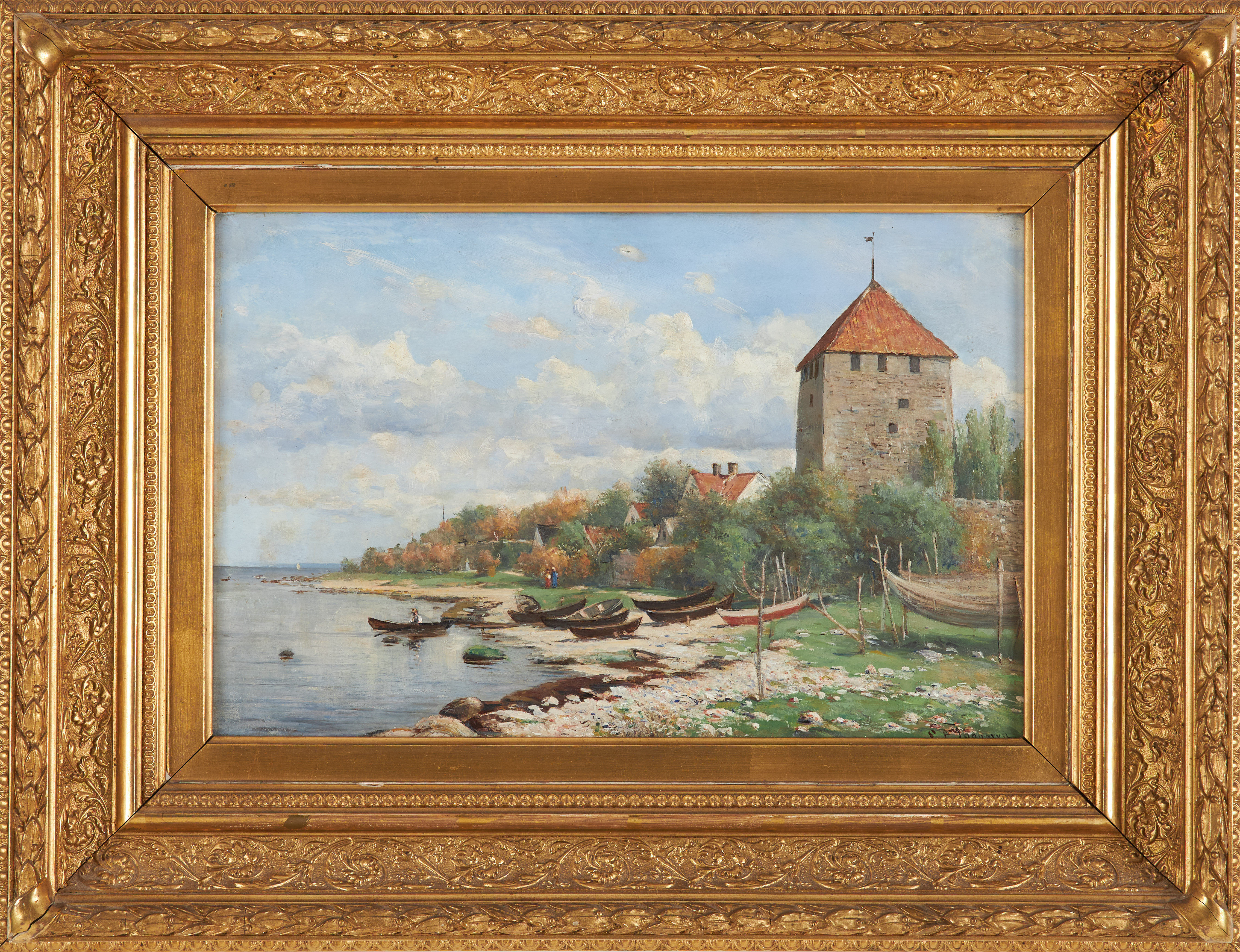 CARL EWALD LÖNNGREN. Strandparti med kruttornet Visby, olja på träpannå, signerad.