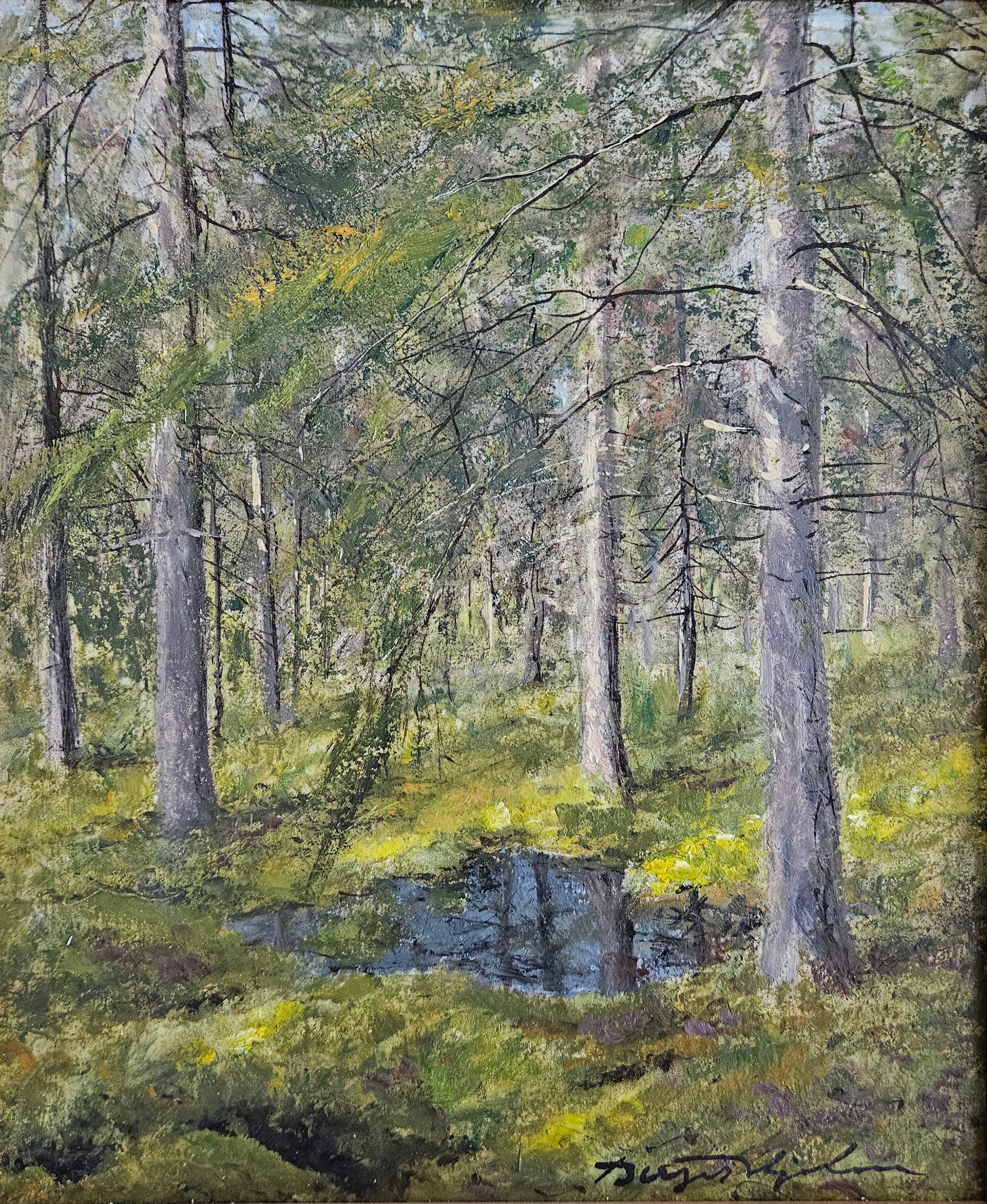 BIRGER HJELM. Skogslandskap. Olja på pannå, signerad Birger Hjelm.