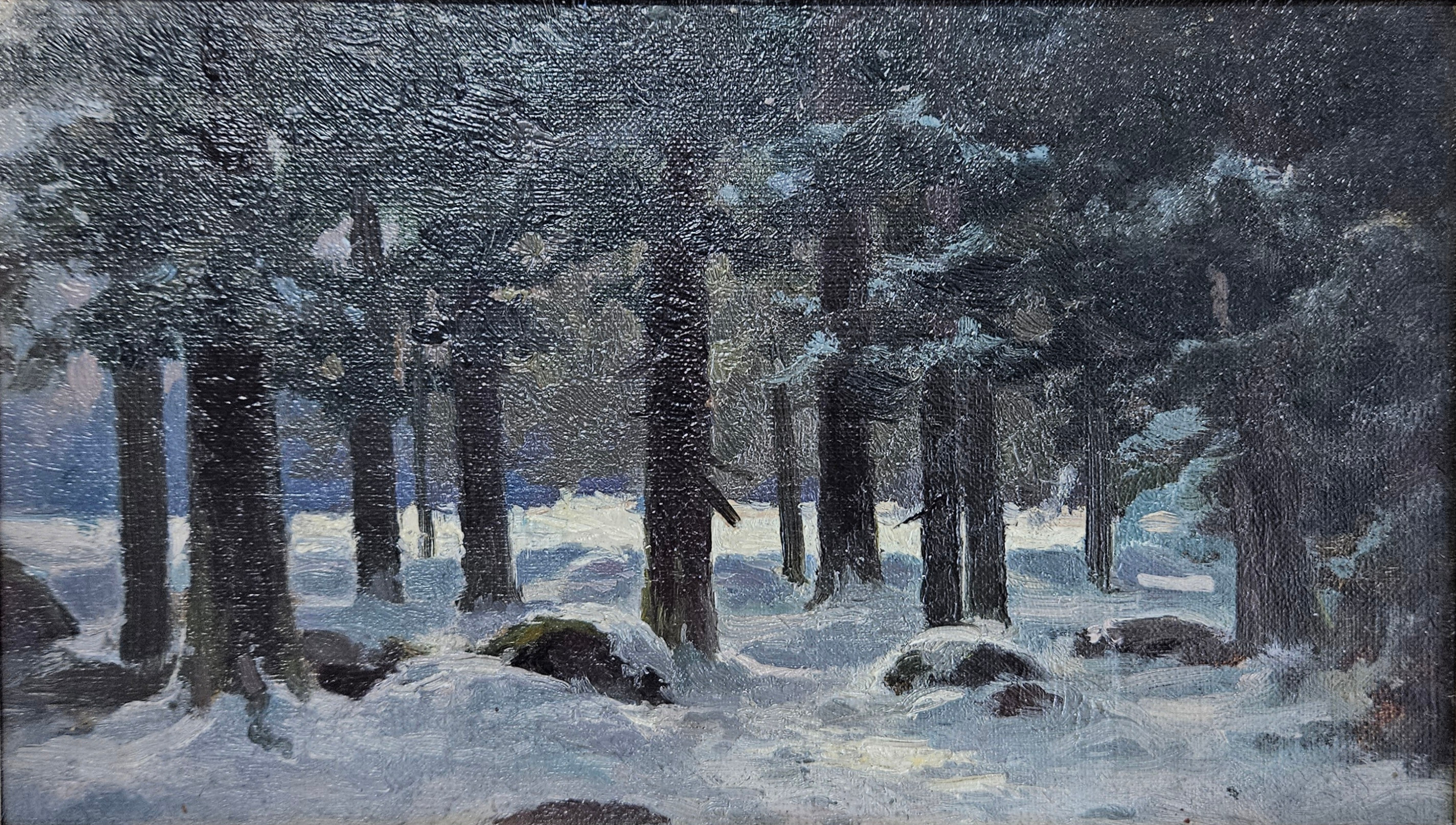 CARL FERDINAND HERNLUND. Vinterskog. Olja på pannå, signerad a tergo C. Hernlund.