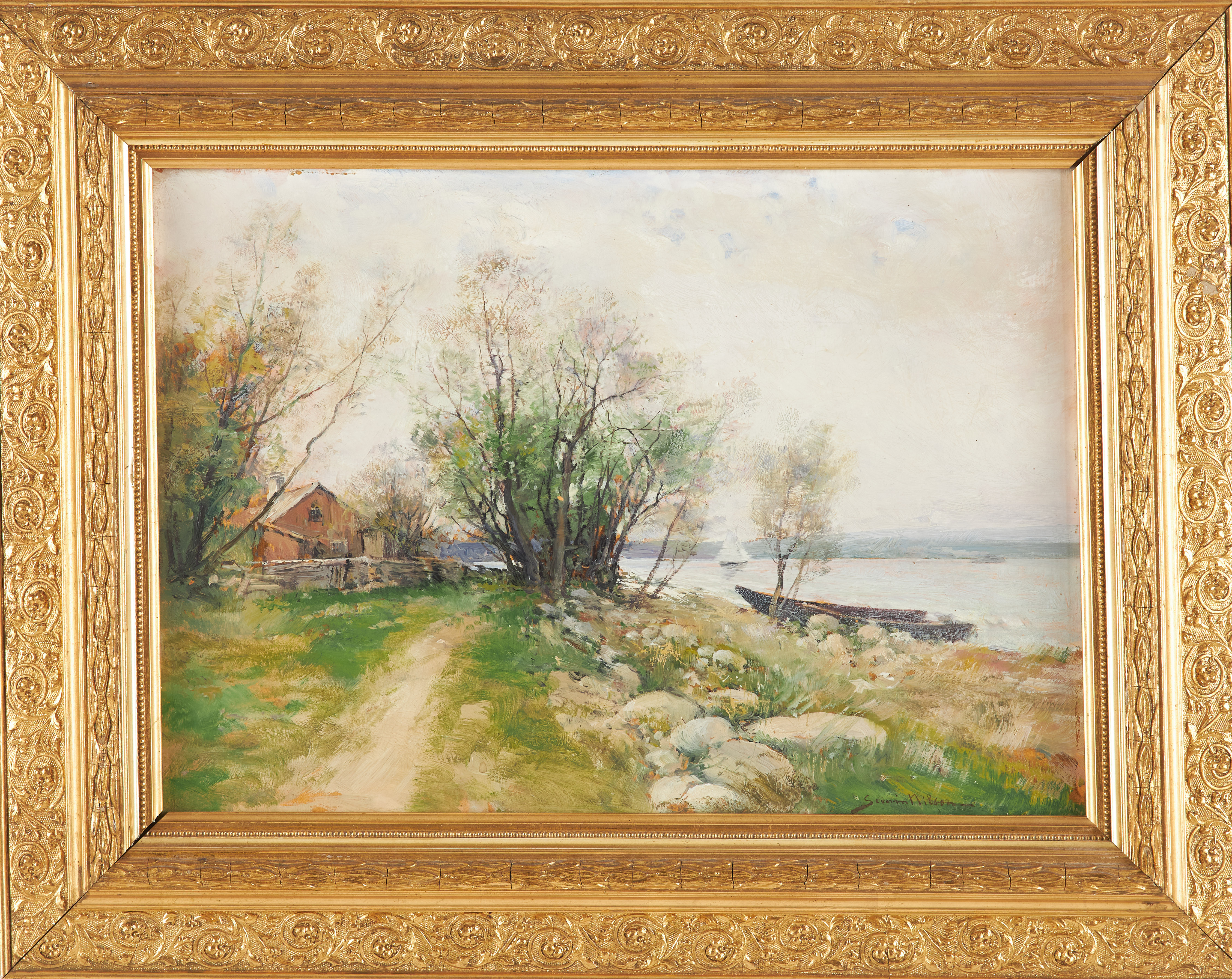 SEVERIN NILSON. Strandmotiv med stuga, olja på pannå, signerad.