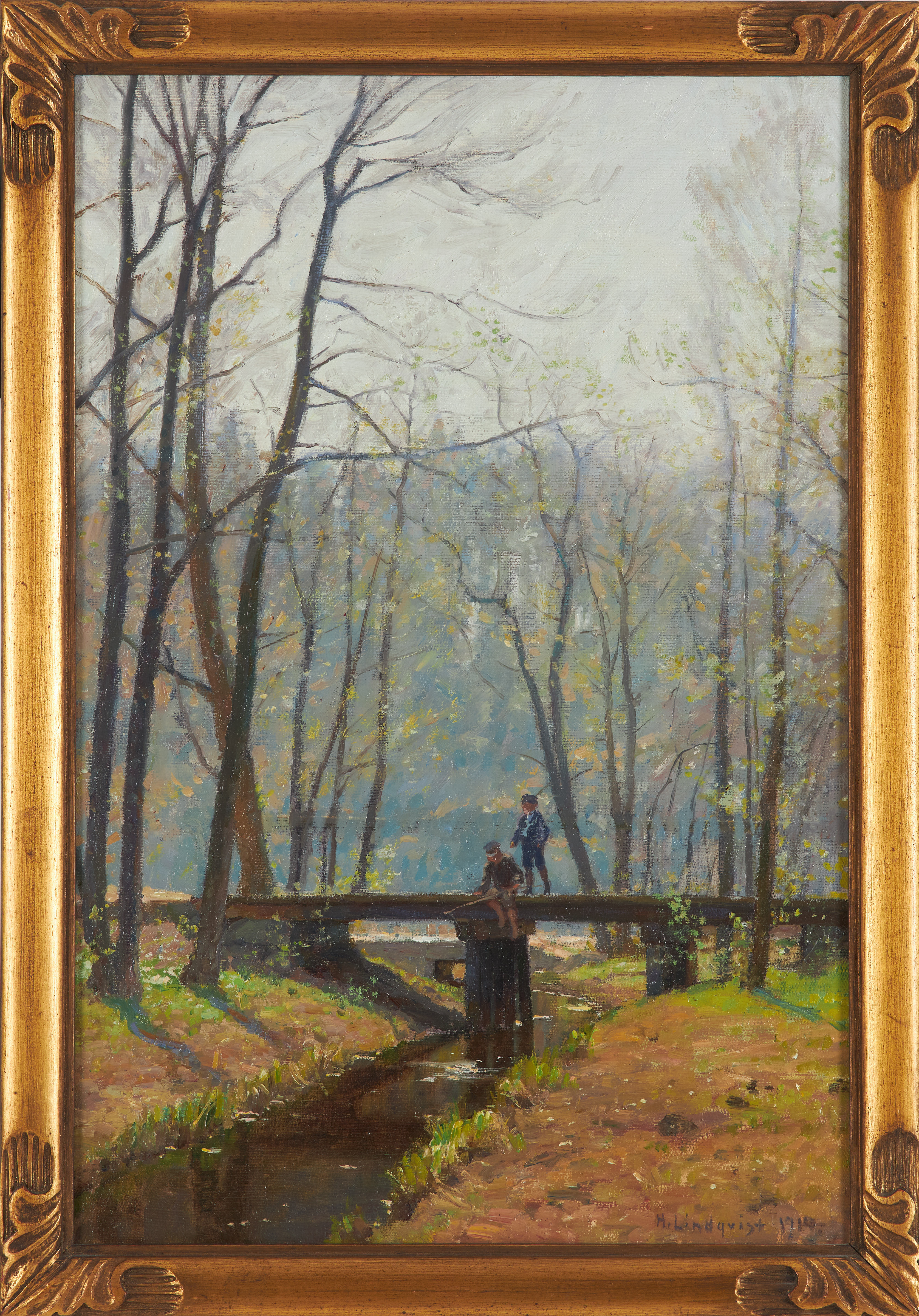 HERMAN LINDQVIST (1868-1923). Skogsmotiv med två pojkar, olja på duk, signerad och daterad.