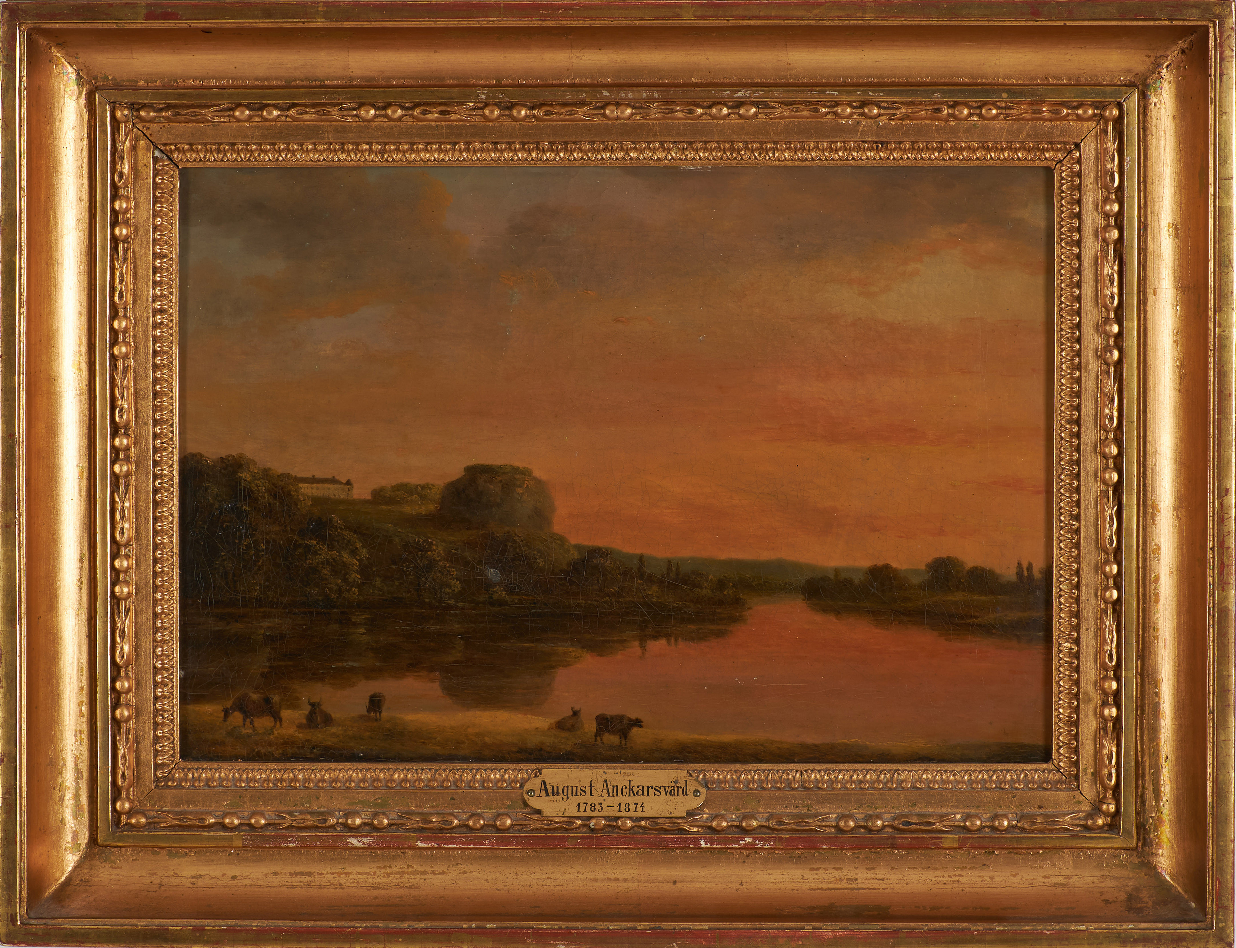 OKÄND KONSTNÄR. Landskap vid sjö, plakett August Anckarsvärd, olja på duk, osignerad, á verso med på skrift Fahlcrantz.