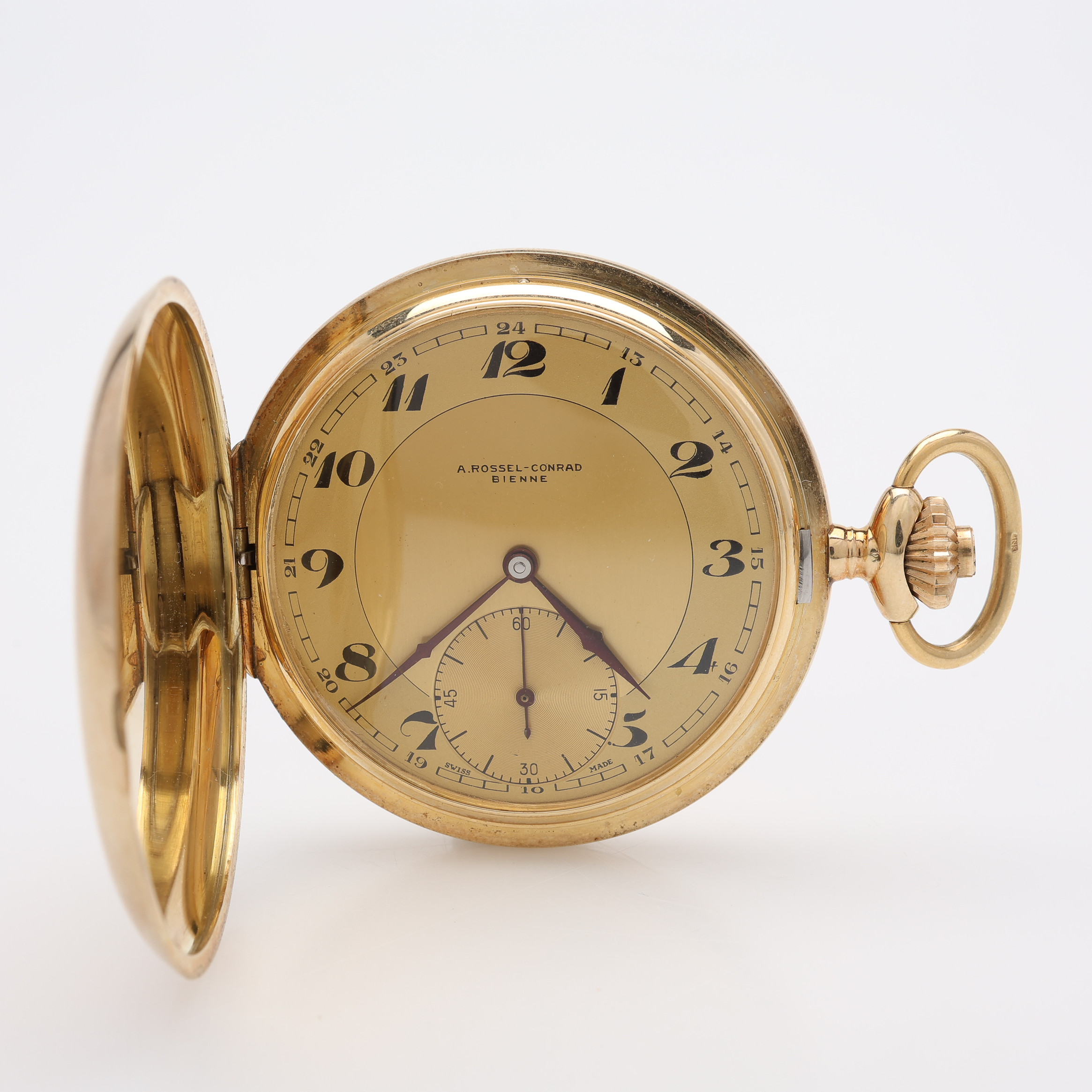HERRFICKUR, A. Rossel-Conrad, Bienne, savonett, ankargång med kronuppdrag och separat sekundvisning 14 k guld, 80,2 g.