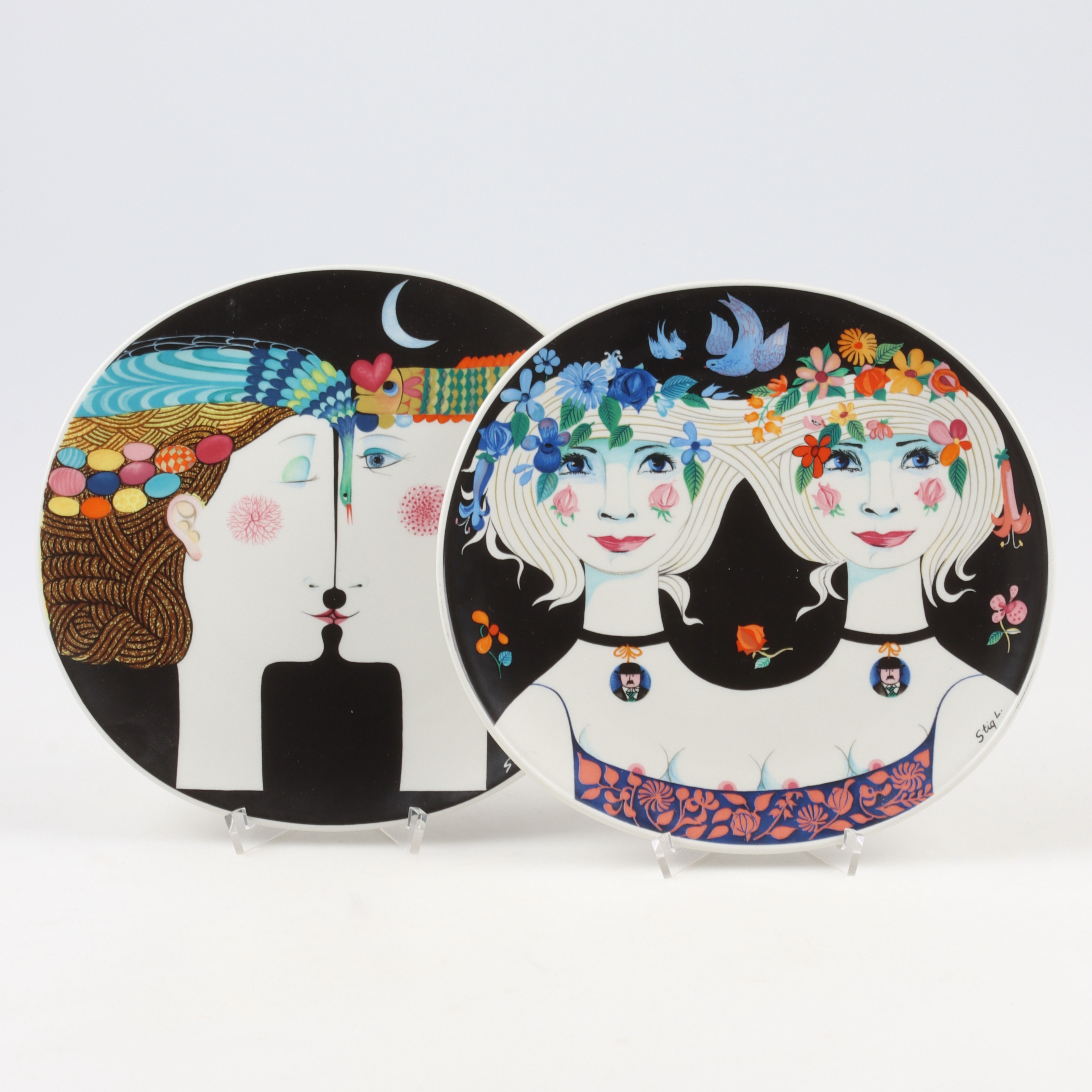 STIG LINDBERG. 2 st, tallrikar, art plate, "Månsken", och "Tvillingarna", Gustavsberg.