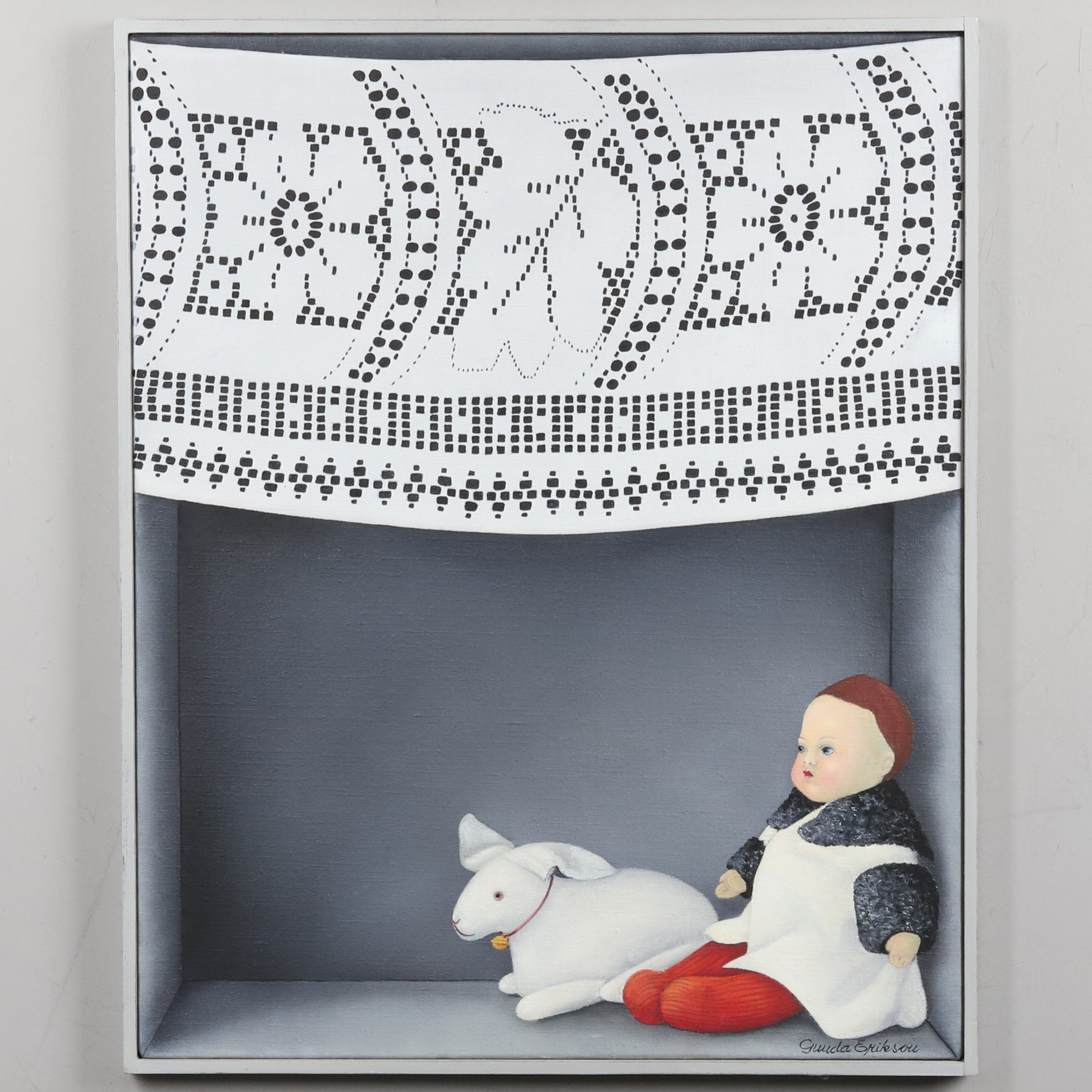 GUNDA ERIKSON. OLJA PÅ DUK, "Docka & Kanin i tittskåpet", signerad.