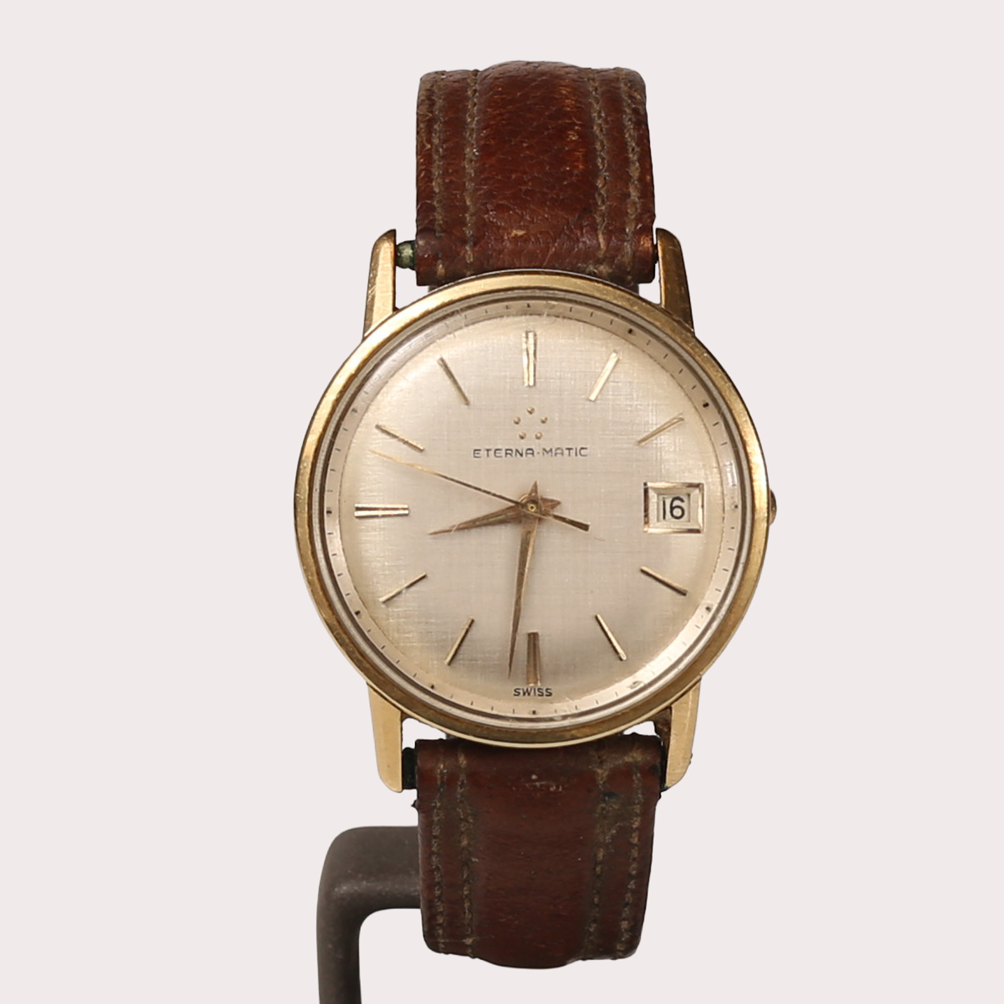 ETERNA-MATIC, guld och stål, armbandsur, automatic, datum, brunt läderarmband. 1960-talets mitt.