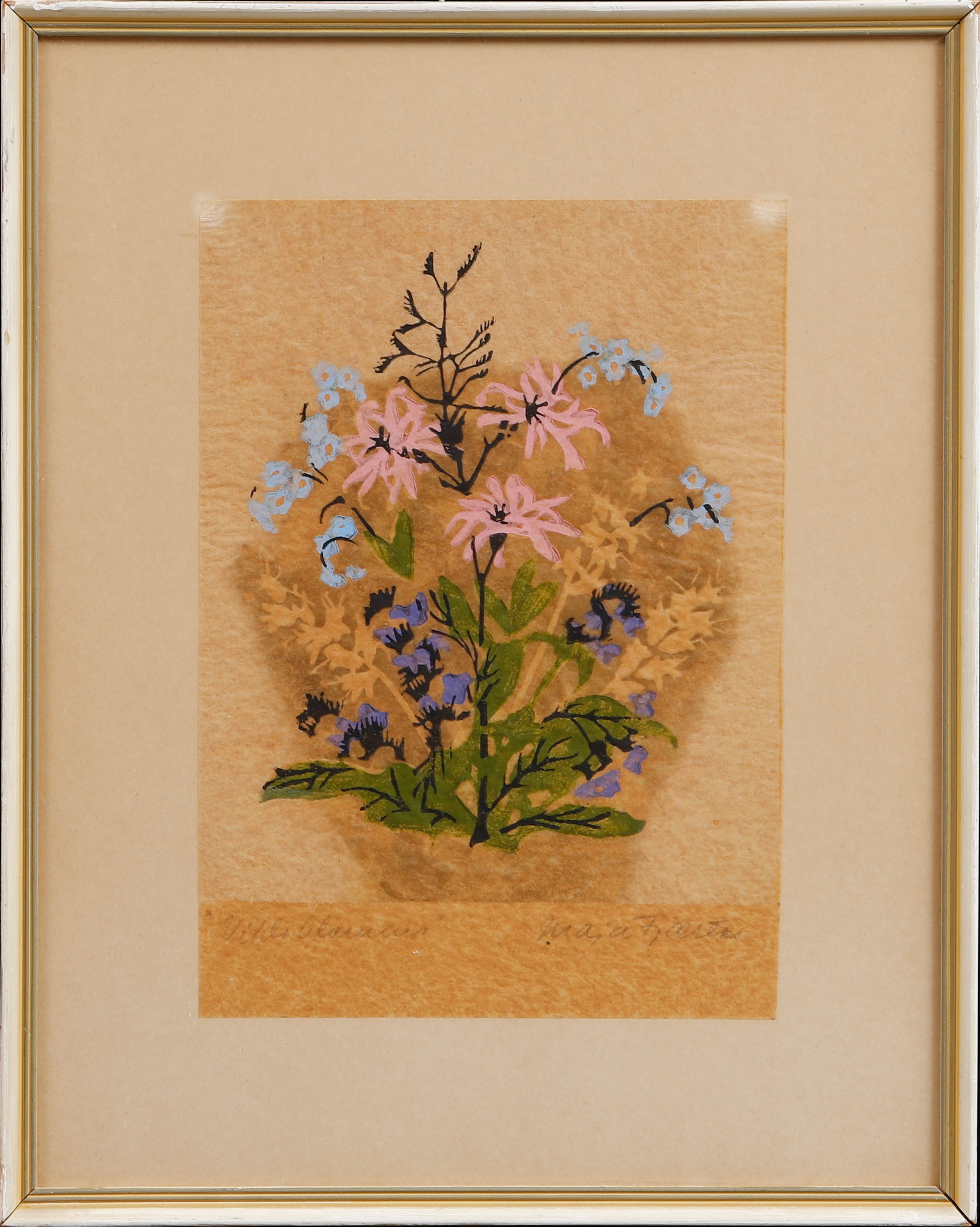 MAJA FJÆSTAD. Träsnitt, "Vilda Blommor", signerad.