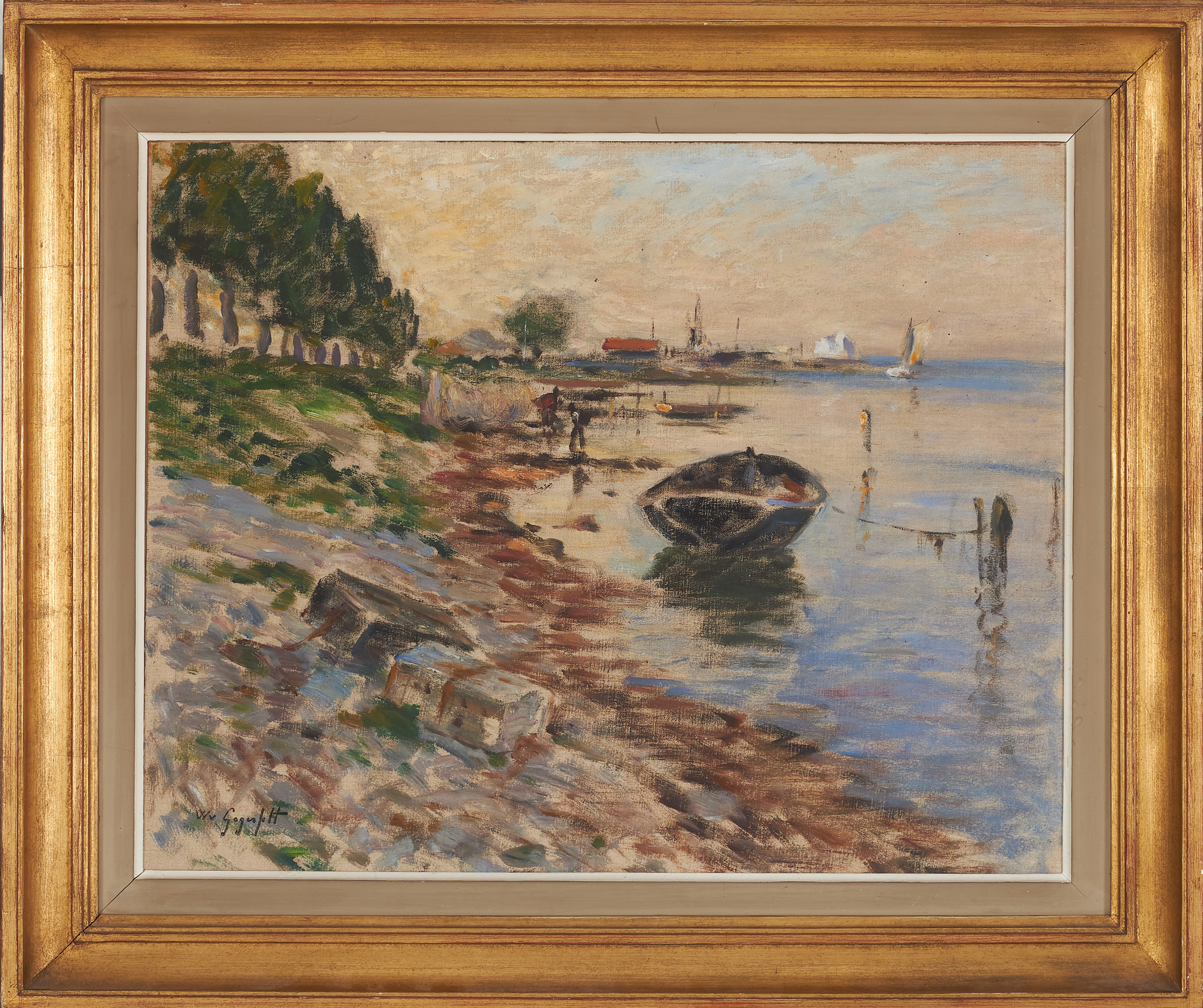 WILHELM VON GEGERFELT. Strandkant med musselplockare och eka, olja på duk lagd på pannå, signerad Wv Gegerfelt.