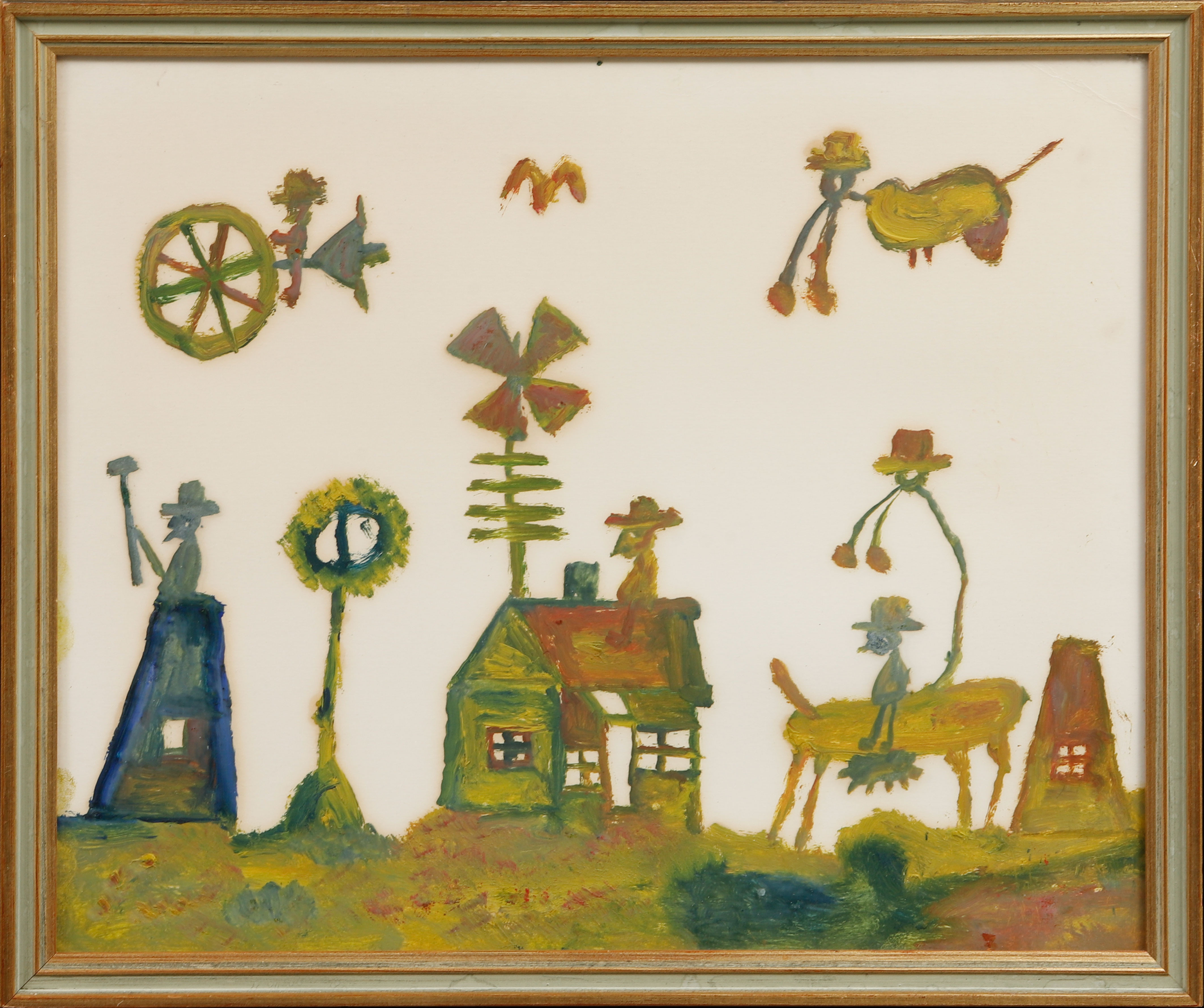 NILS RUNDGREN "BJÖRNJÄGAREN" (1890-1971). Naivistisk komposition, blandteknik på papper, osignerad.