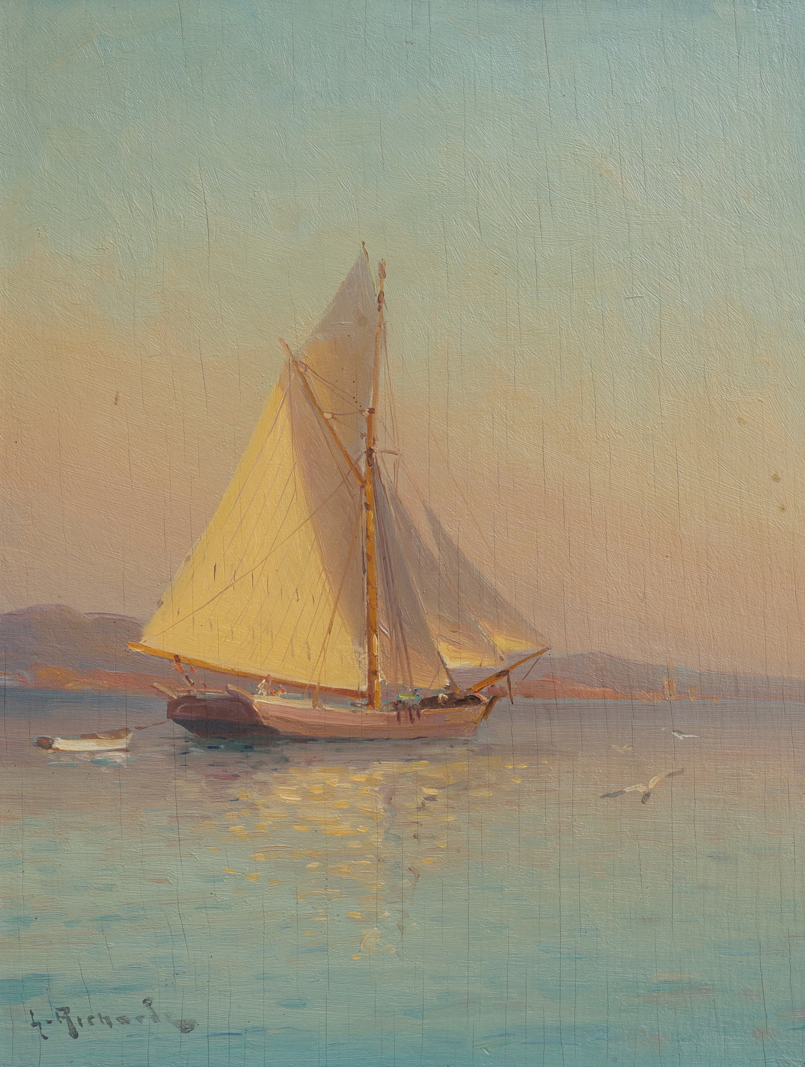 LUDVIG RICHARDE. OLJA PÅ PANNÅ, SEGELBÅT, SIGNERAD.