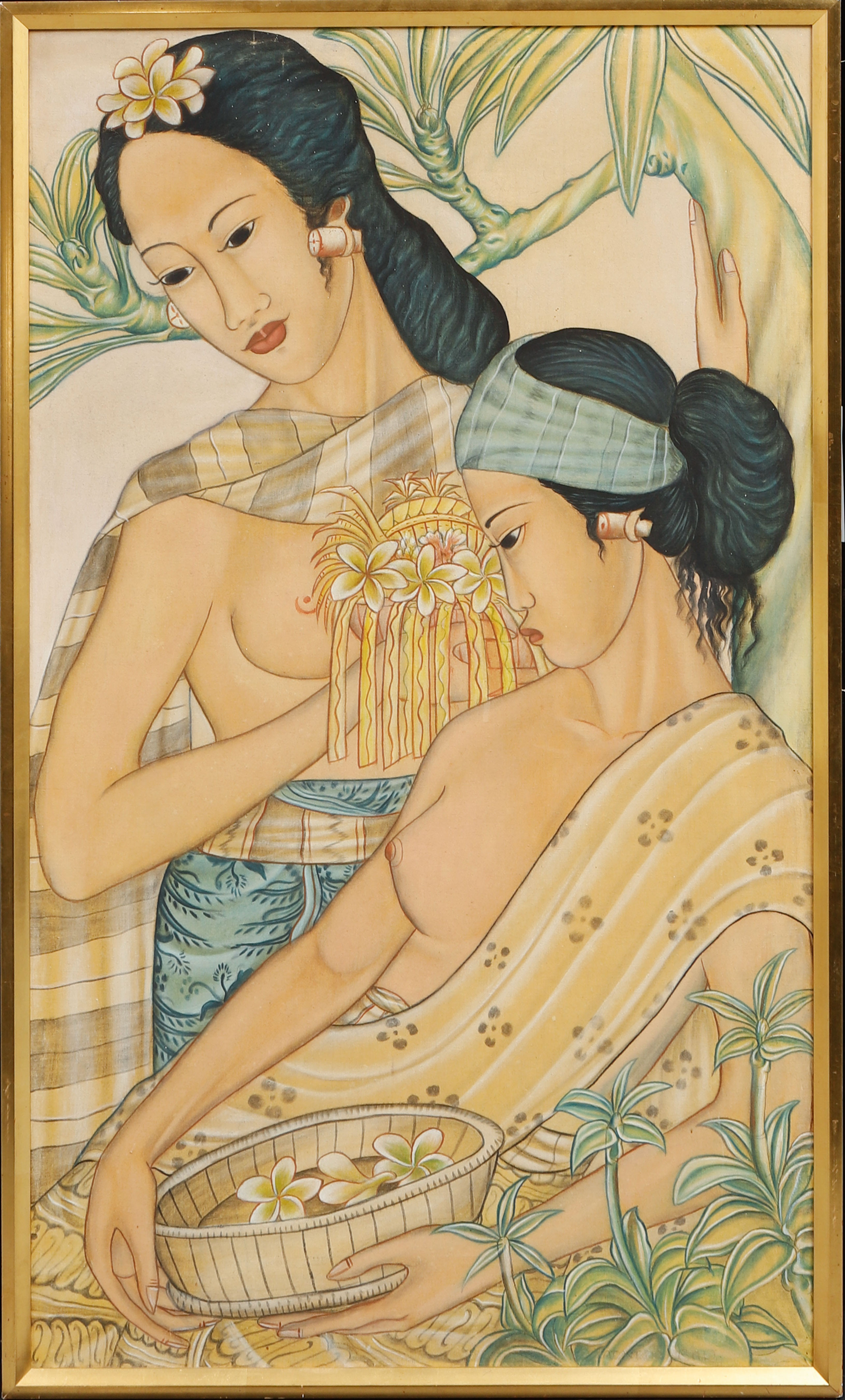 OKÄNK KONSTNÄR. Kvinnor med blommor, blandteknik på duk, enligt uppgift Manila, Filippinerna.