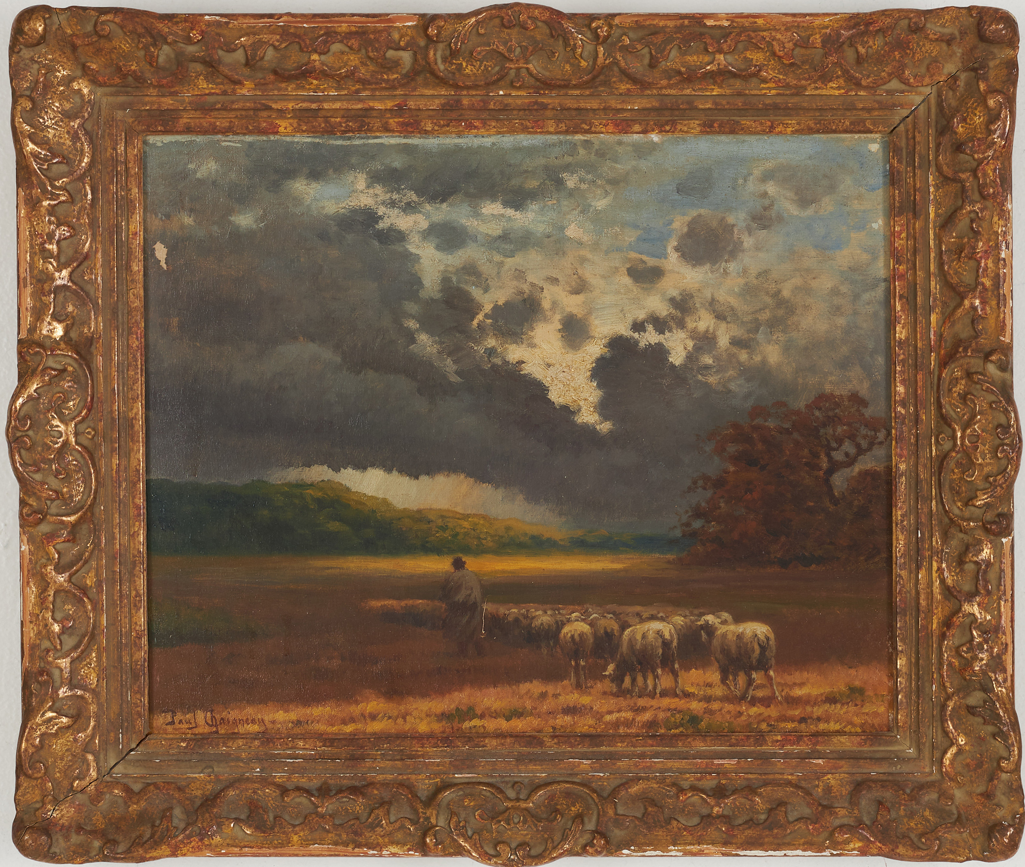 PAUL CHAIGNEAU. Landskap med får och fåraherde, olja på duk lagd på pannå, signerad.