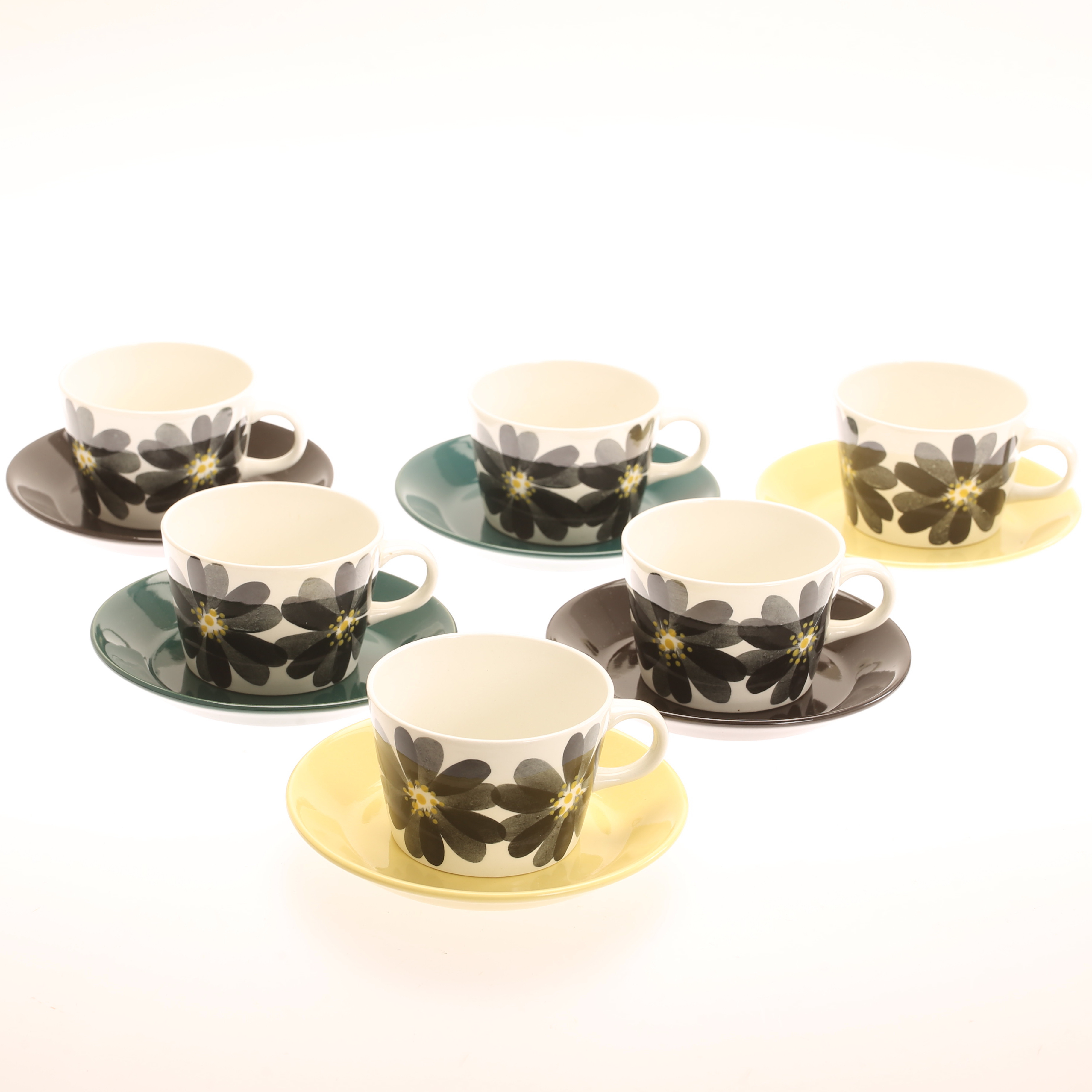 KAJ FRANCK. Kaffekoppar med fat, 6 stycken, "Lea", Arabia Finland.