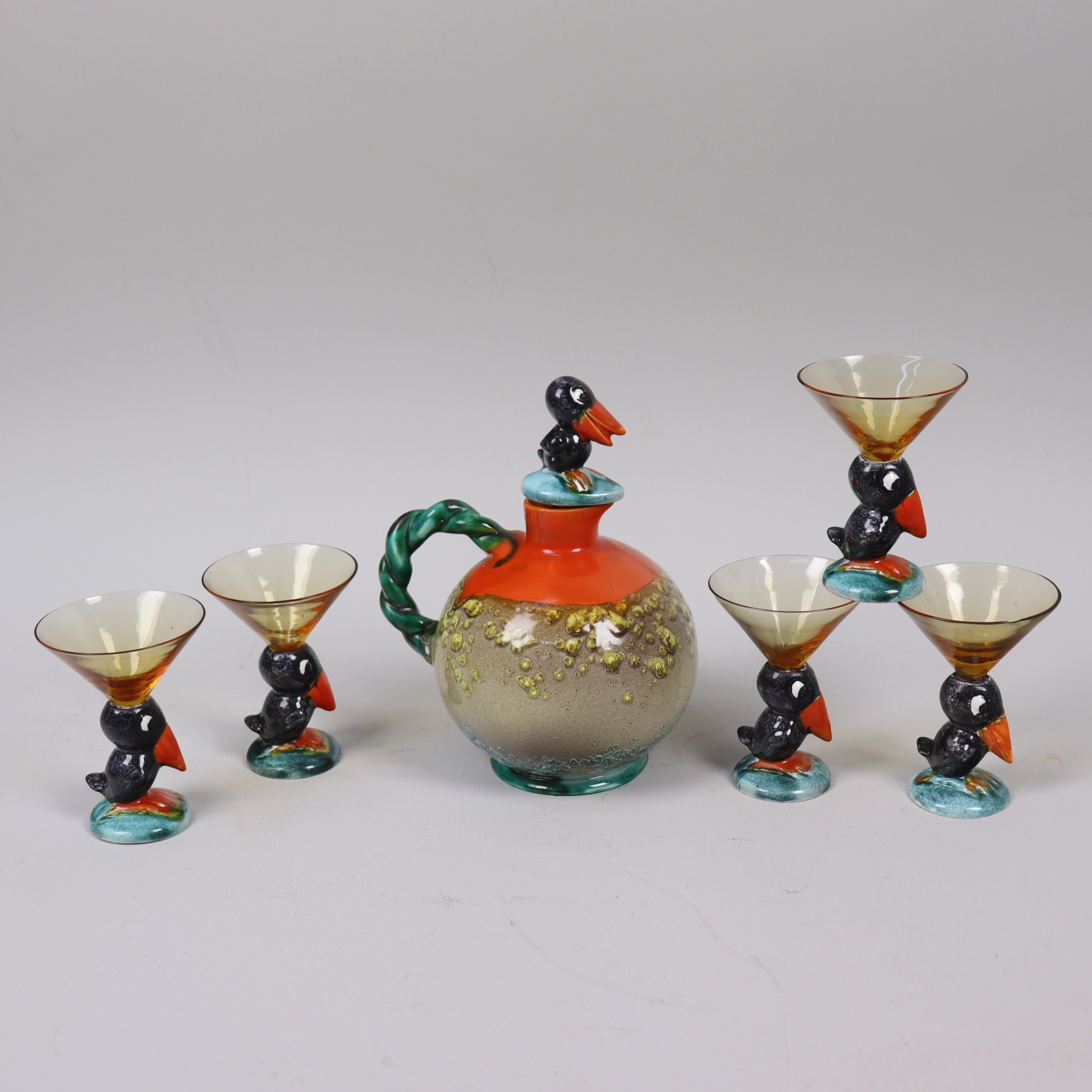 KARAFF OCH GLAS, Hummel, Goebel, dekor av kråkor, 1930/40-tal, 6 delar.