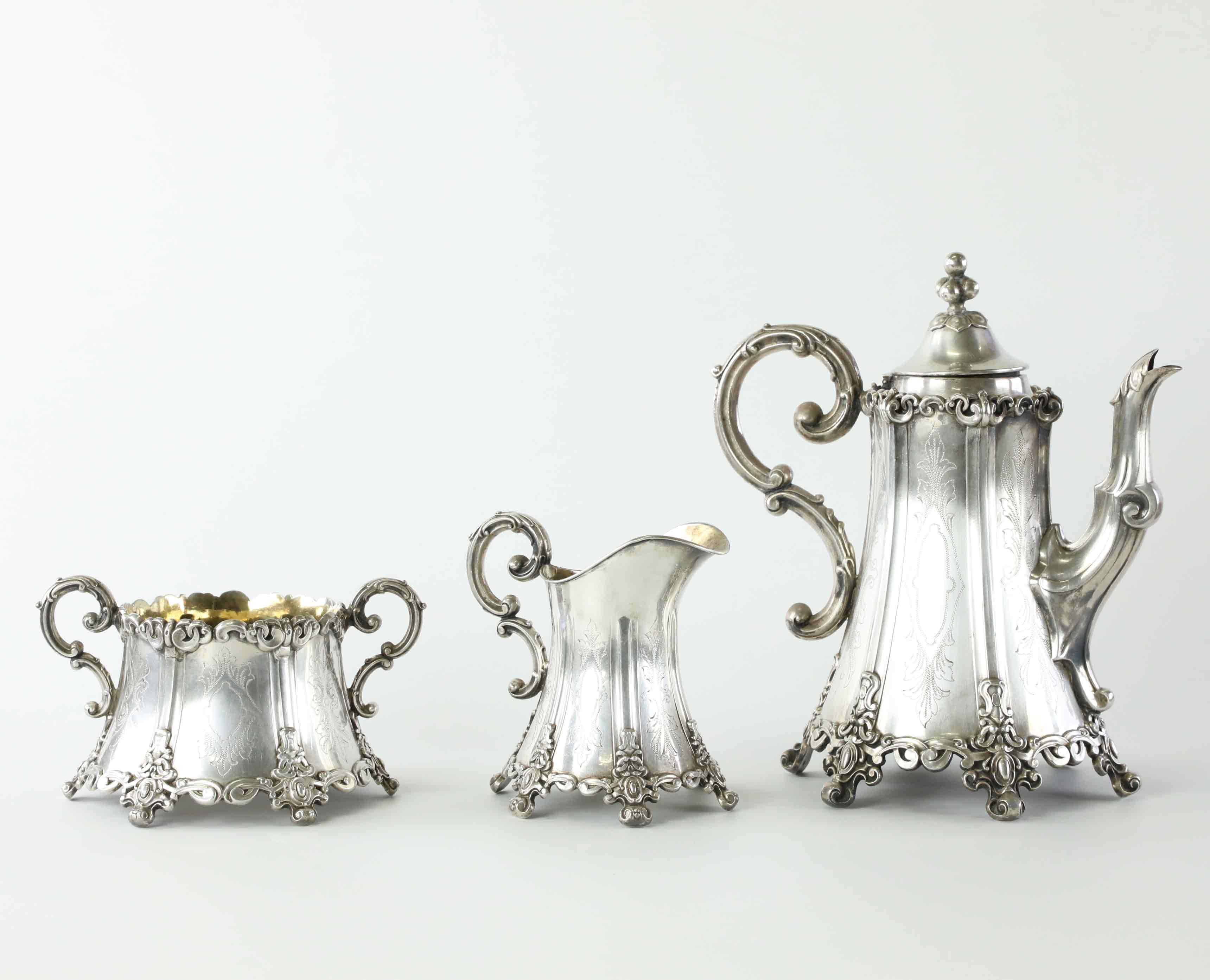 KAFFESERVIS, nysilver, rokokostil, 3 delar, C.G.H, Hallbergs G.A.B. Stockholm, 1900-tal.