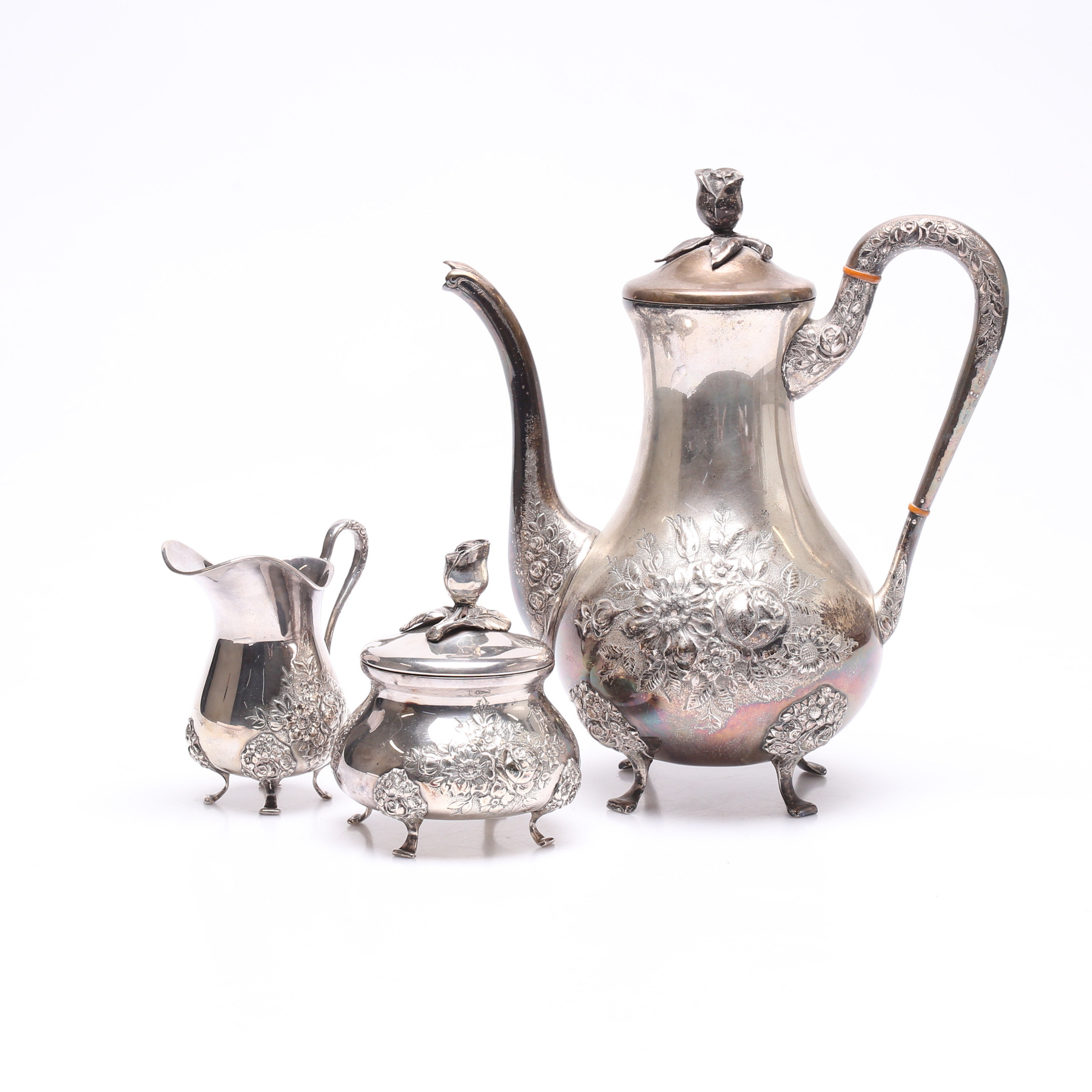 KAFFESERVISDELAR, 3 delar, silver, vikt ca 1300 gram.