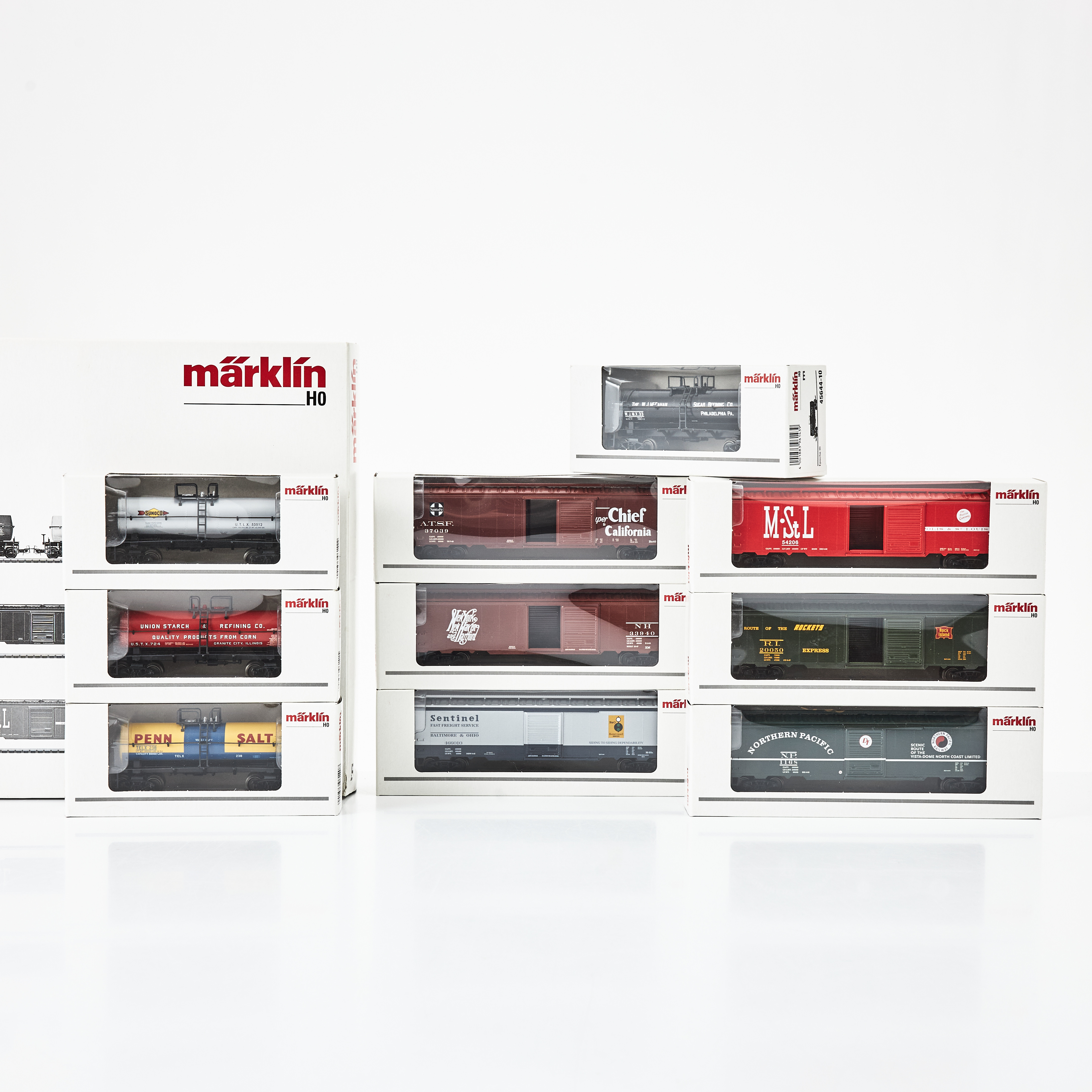 MÄRKLIN. Set 45644, 10 godsvagnar, "Tin Plate", 6 boxcars, 4 tank cars, amerikanska järnvägar, Epoche III, H0.