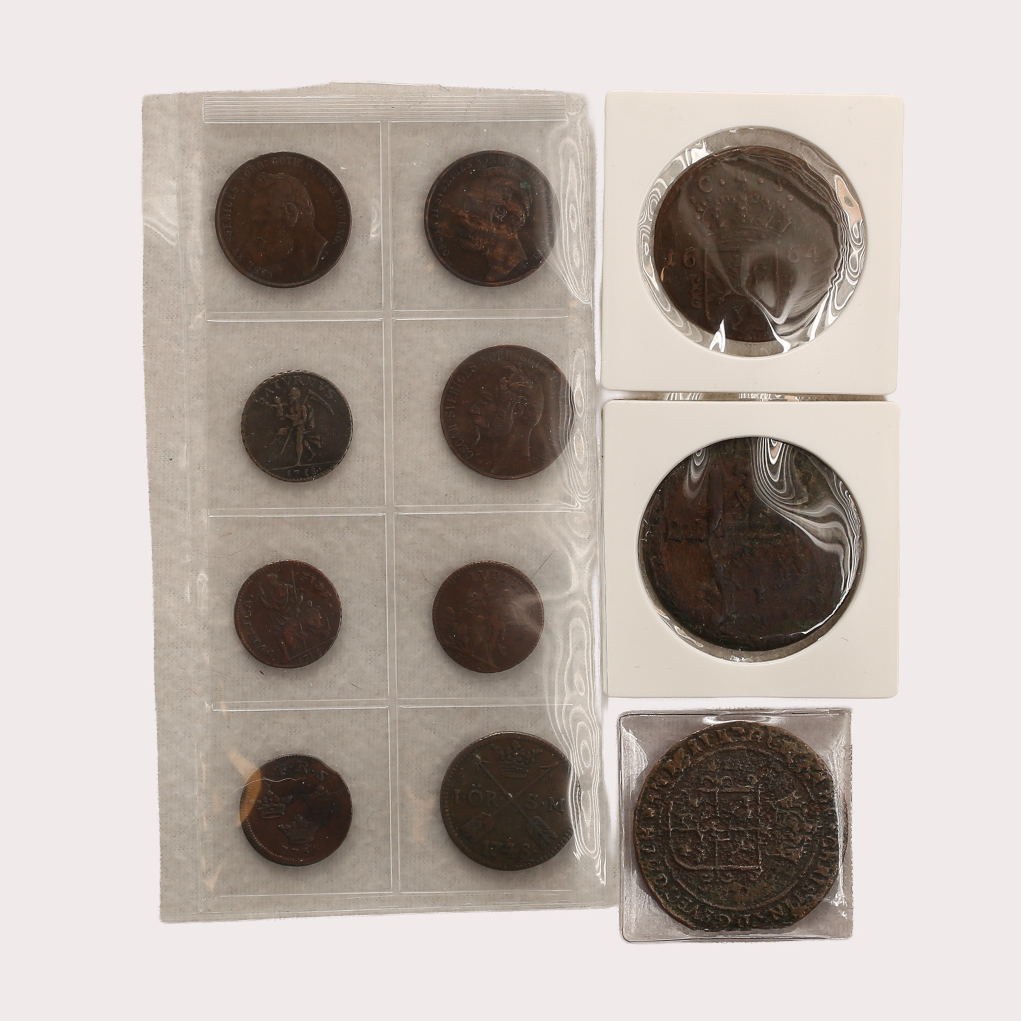 KOPPARMYNT, 11 st., Sverige. start med drottning Christina, Carl XI, Carl XII, Fredrik I, Adolf Fredrik och senare.