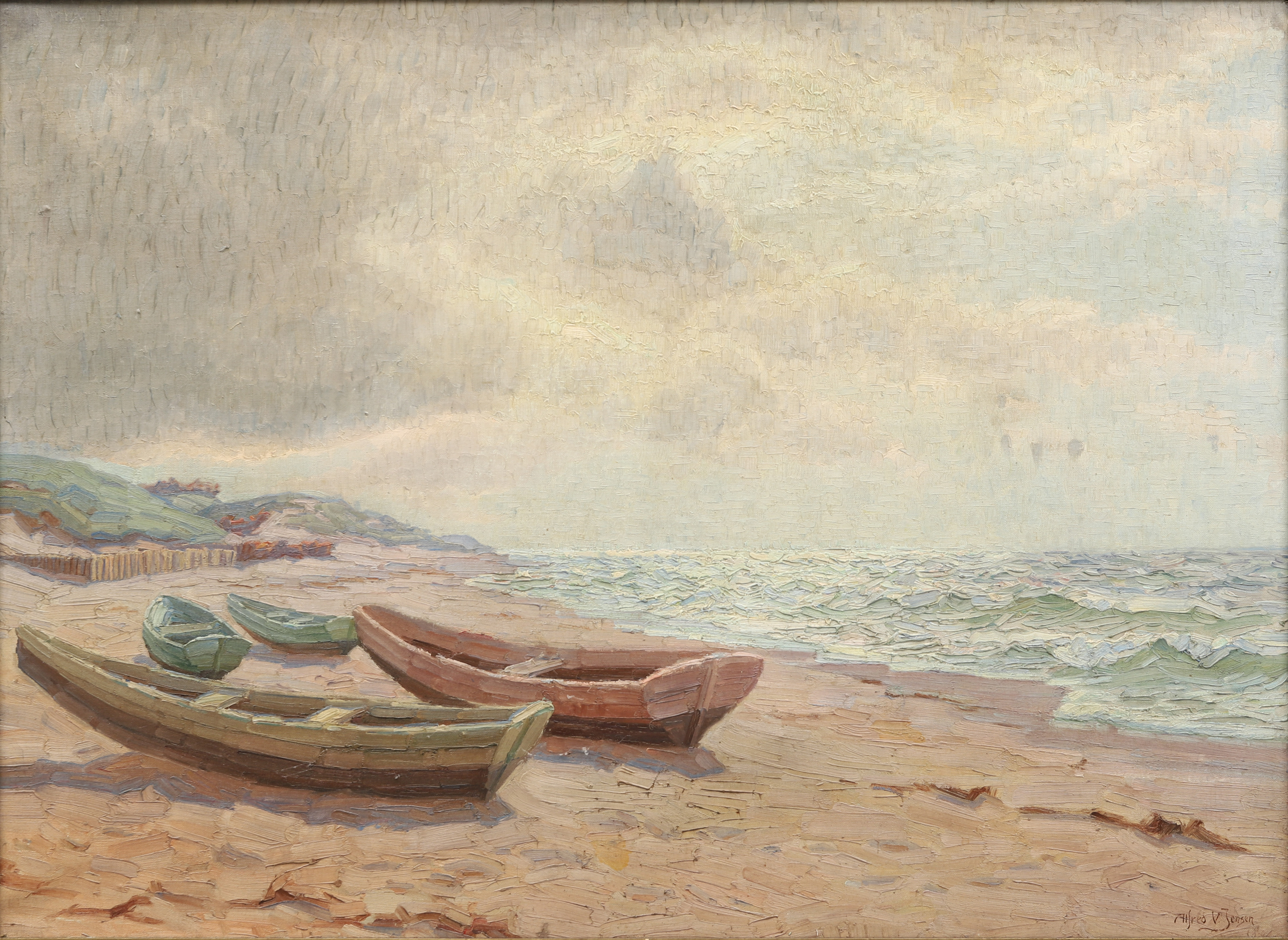 ALFRED V. JENSEN. Olja på duk. Båtar på strand. Signerad.