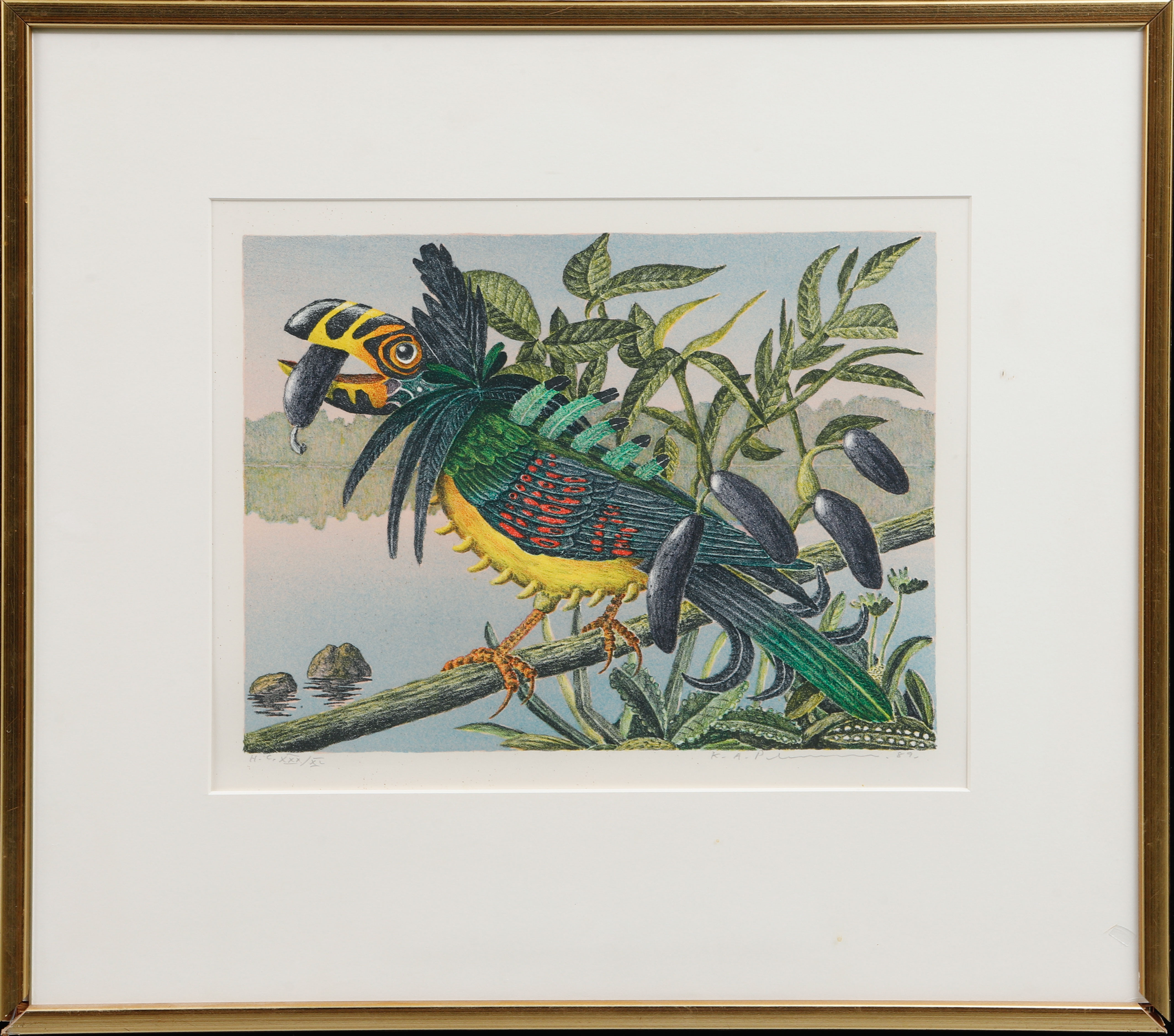 KARL AXEL PEHRSON. Exotisk fågel, färglitografi, signerad och numrerad. Konstnärens egna utgåva.