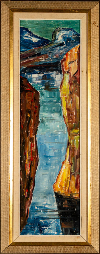 OIDENTIFIERAD KONSTNÄR. Olja på duk, signerad, "stora sjöfallet Akkajaure".