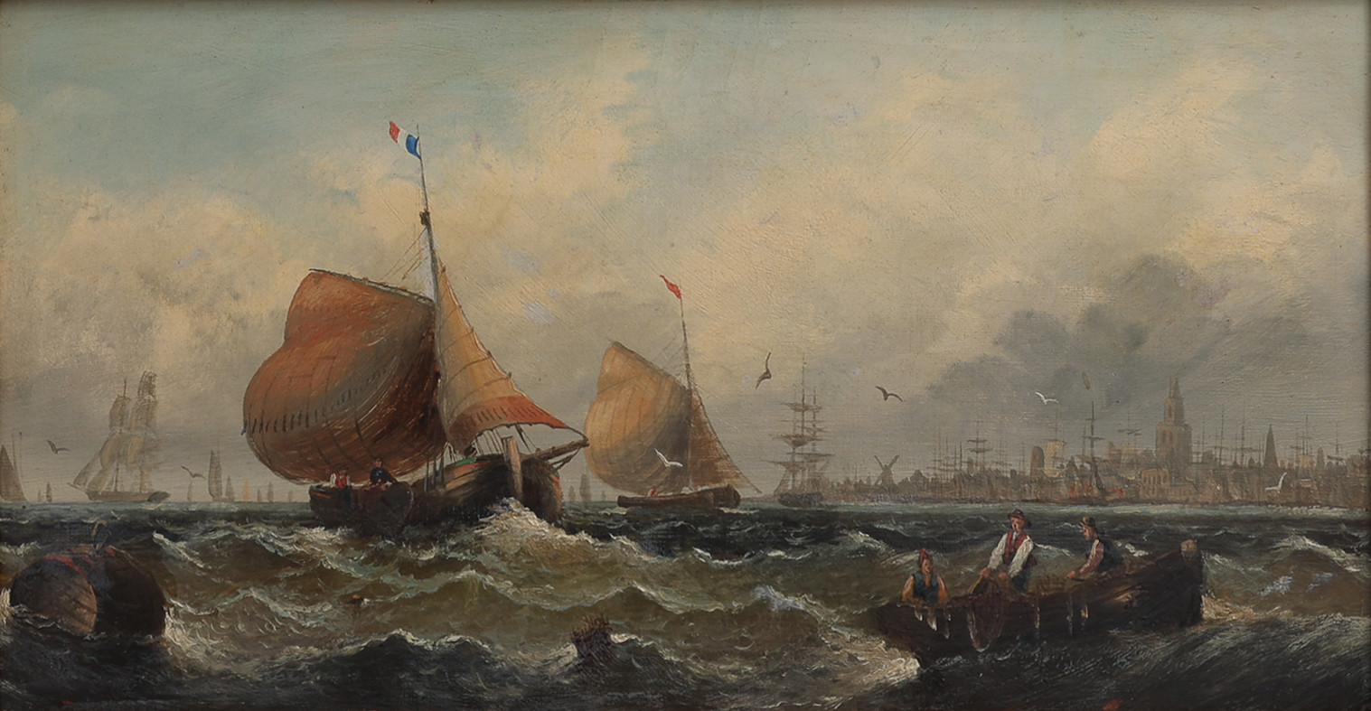 WILLIAM CALCOTT KNELL (1830-1880). HANS KRETS. OLJA PÅ DUK, FISKEBÅTAR UTANFÖR CALAIS, OSIGNERAD.