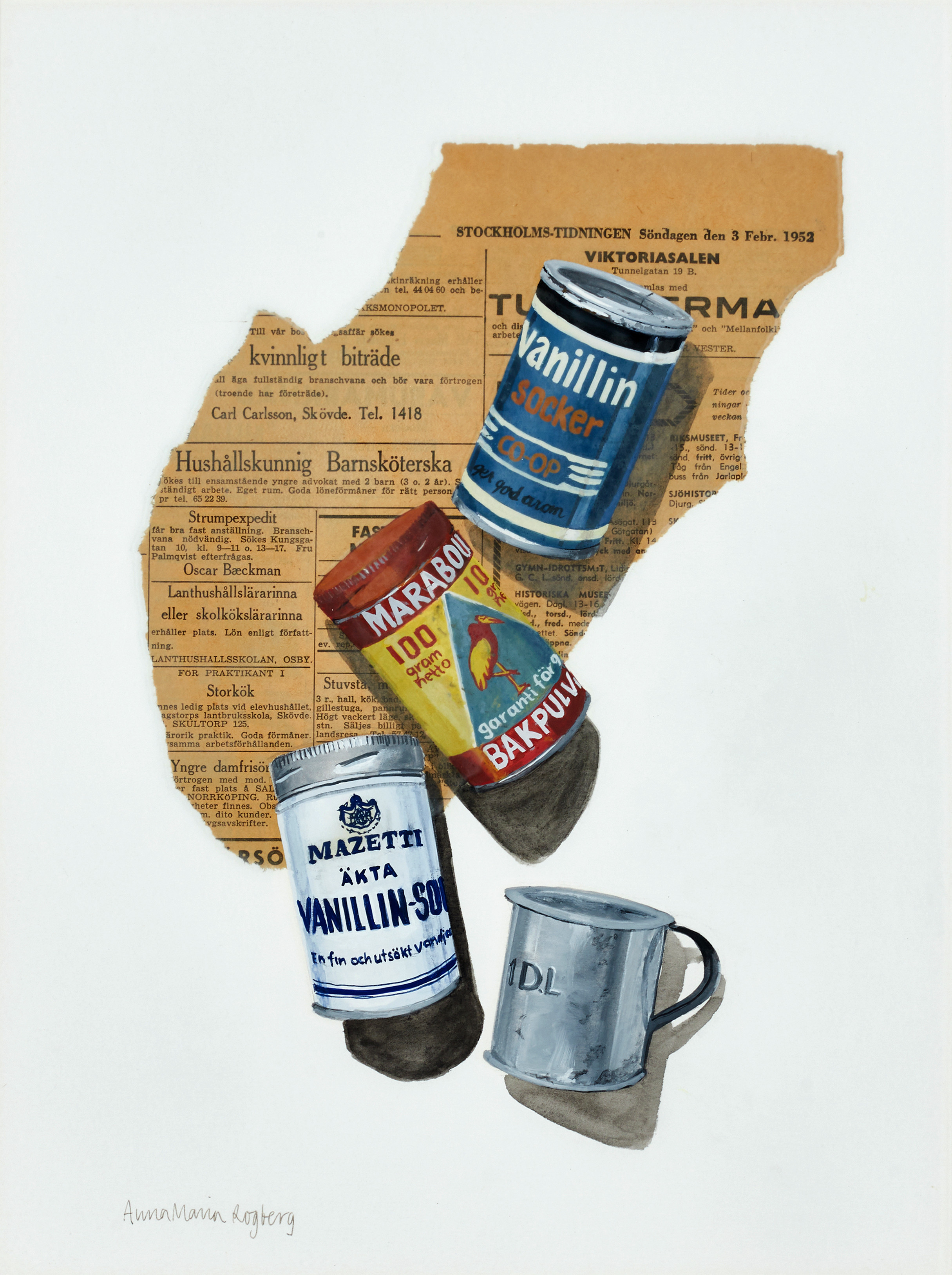 ANNAMARIA ROGBERG LINDHOLM (född 1972), "Vanillin, Marabou, Mazetti..."", signerad, blandteknik/collage.