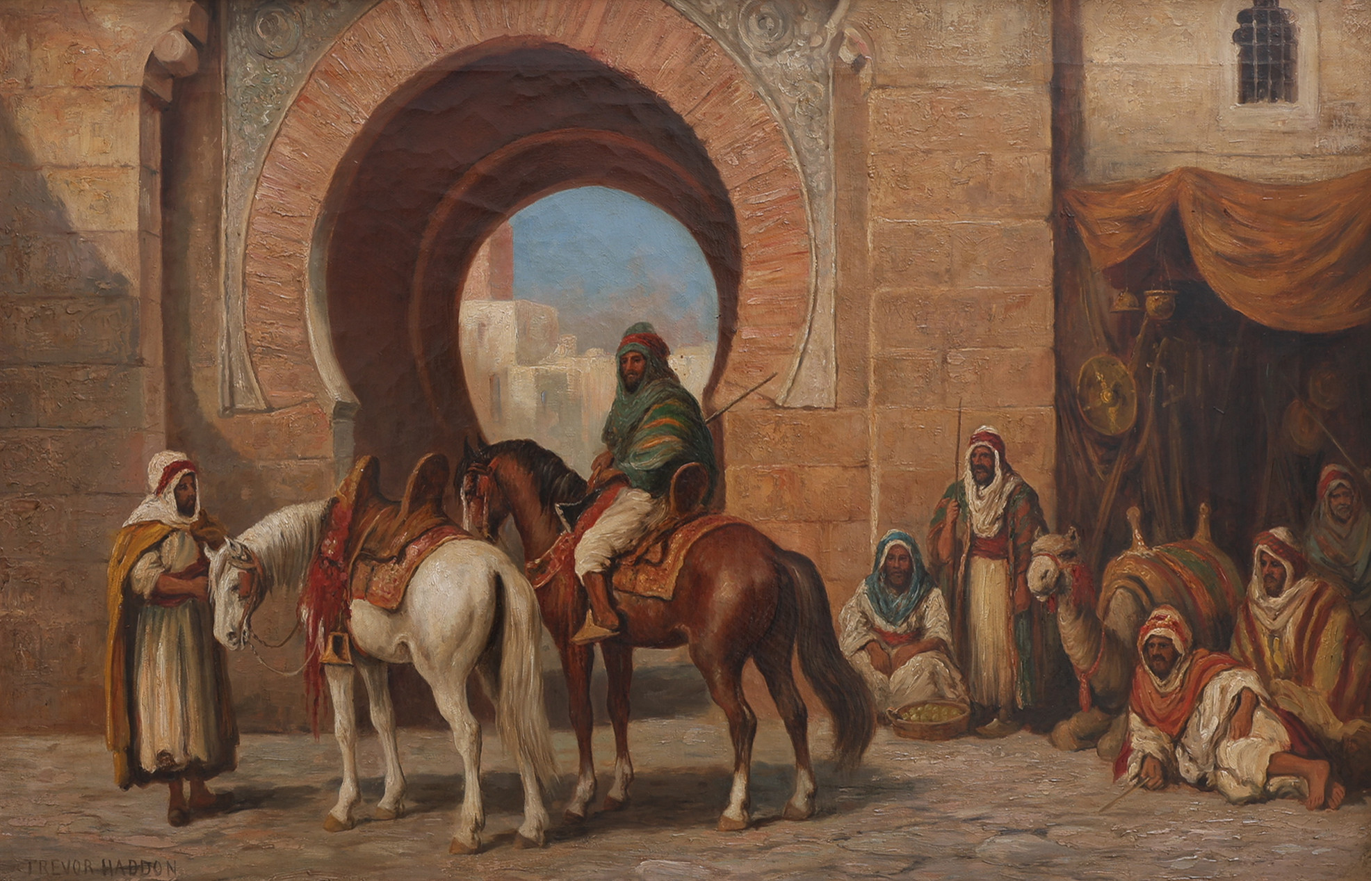 ARTHUR TREVOR HADDON. OLJA PÅ DUK, "A MOORISH GATEWAY", SIGNERAD.