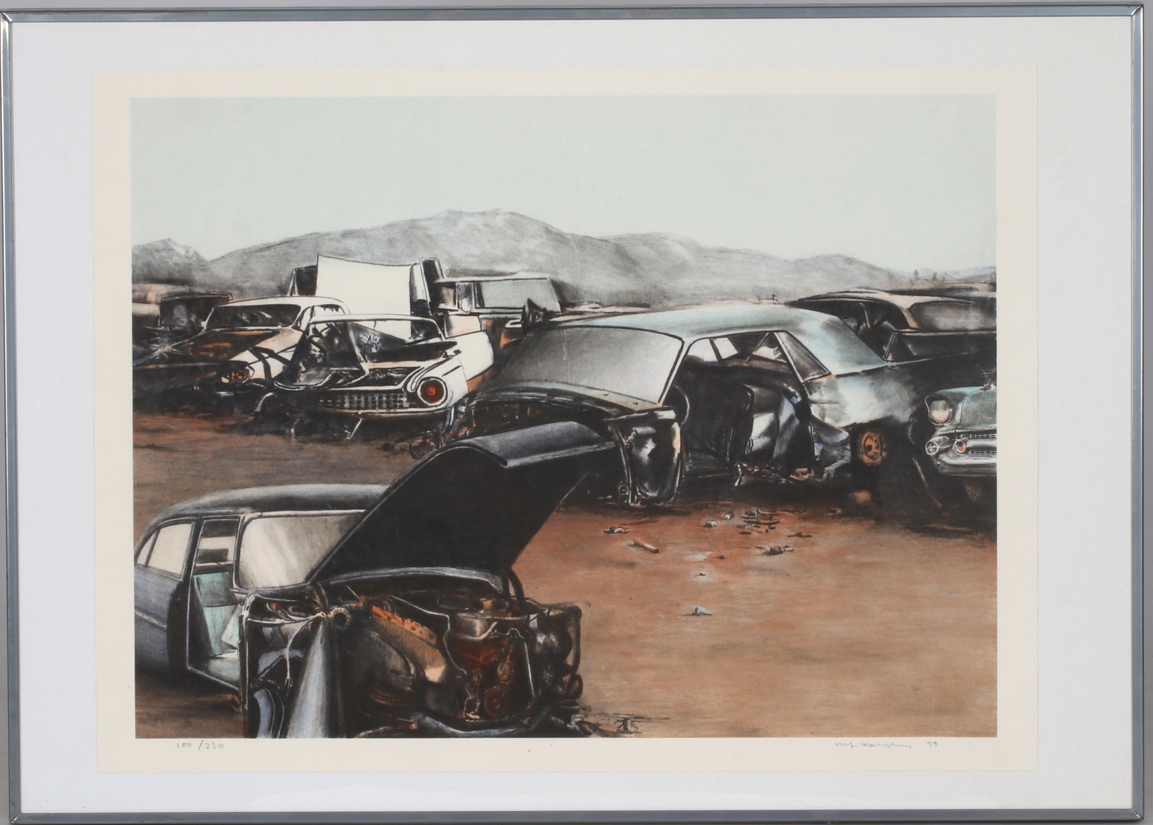 ULF WAHLBERG. Skrotbilar, färglitografi, signerad och numrerad 100/230.