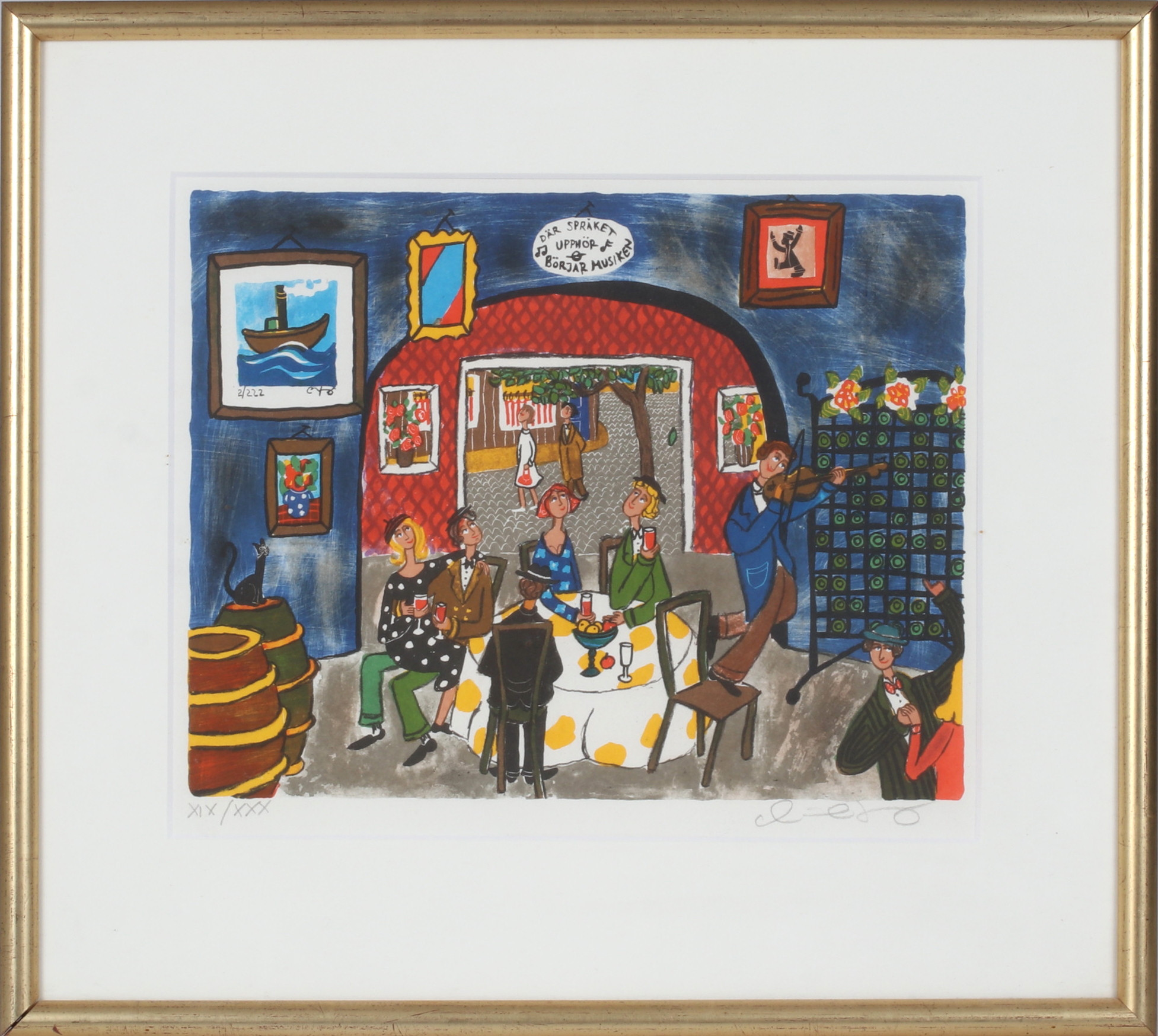 MARIKA LANG. Restaurangscen, färglitografi, signerad och numrerad XIX/XX.