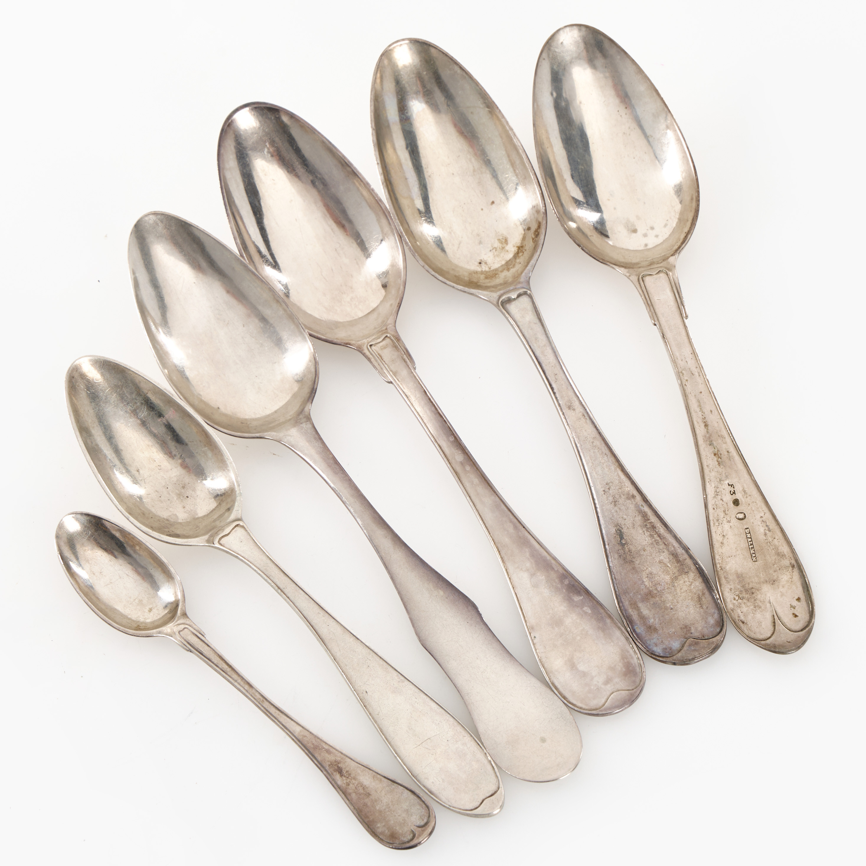 SKEDAR, 6 st, silver, olika mästare, sent 1700-tal / tidigt 1800-tal.